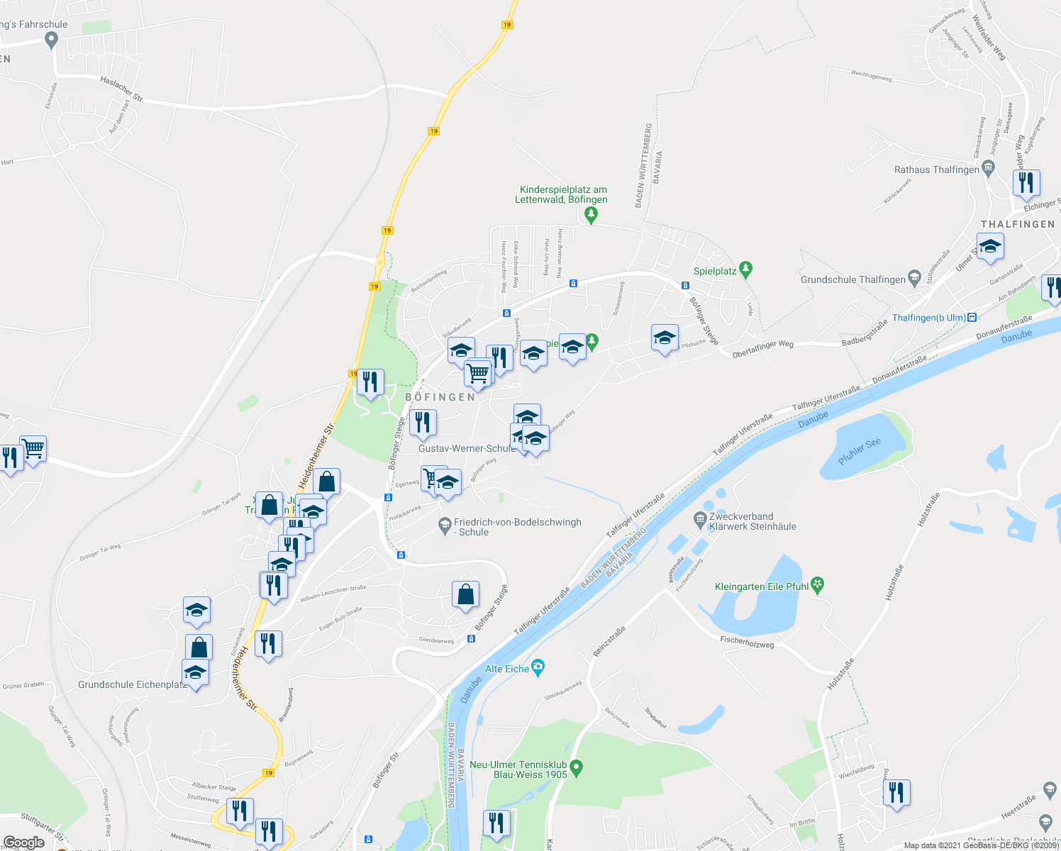 map of restaurants, bars, coffee shops, grocery stores, and more near 33 Böfinger Weg in Ulm