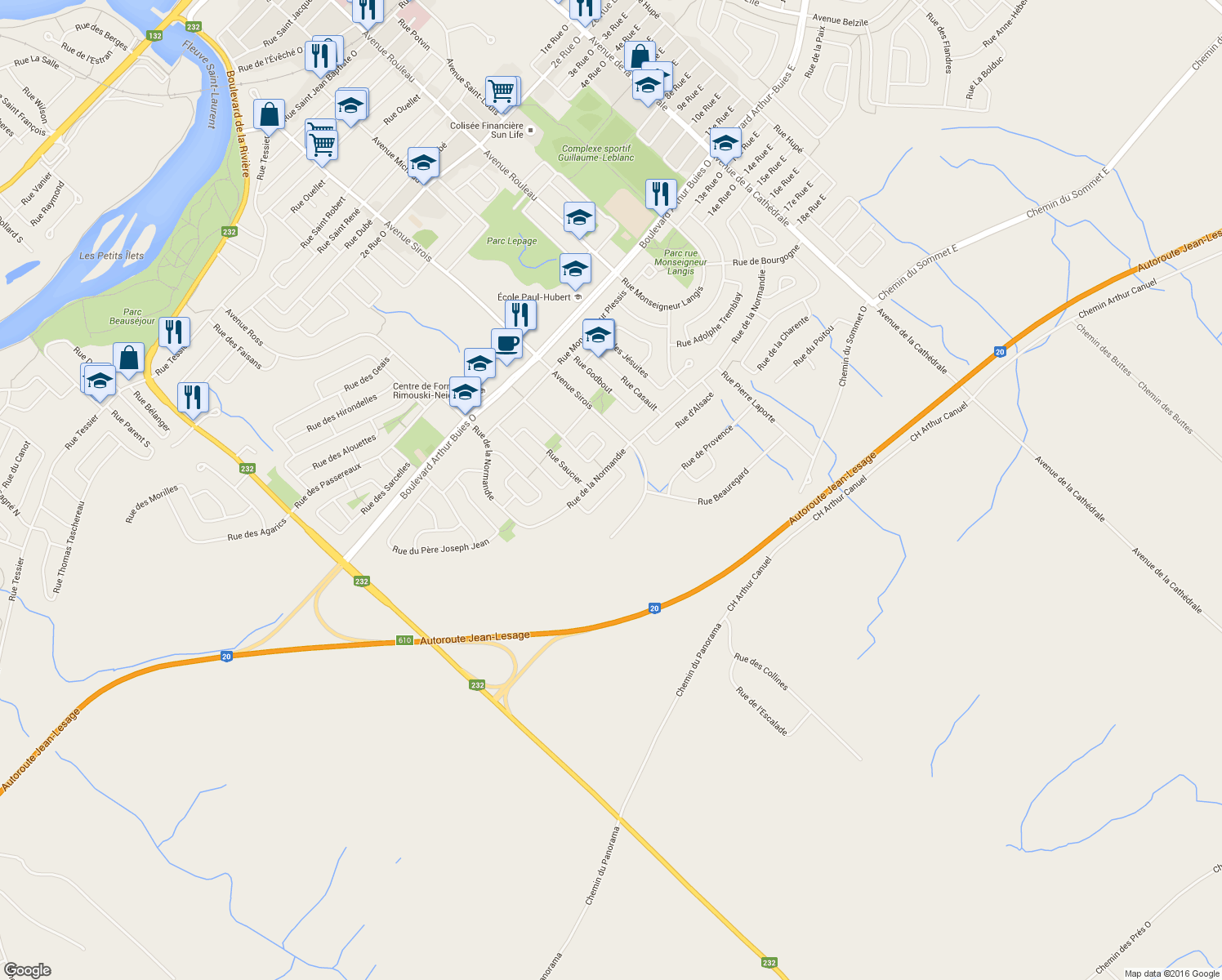 map of restaurants, bars, coffee shops, grocery stores, and more near 279 Rue des Vosges in Rimouski
