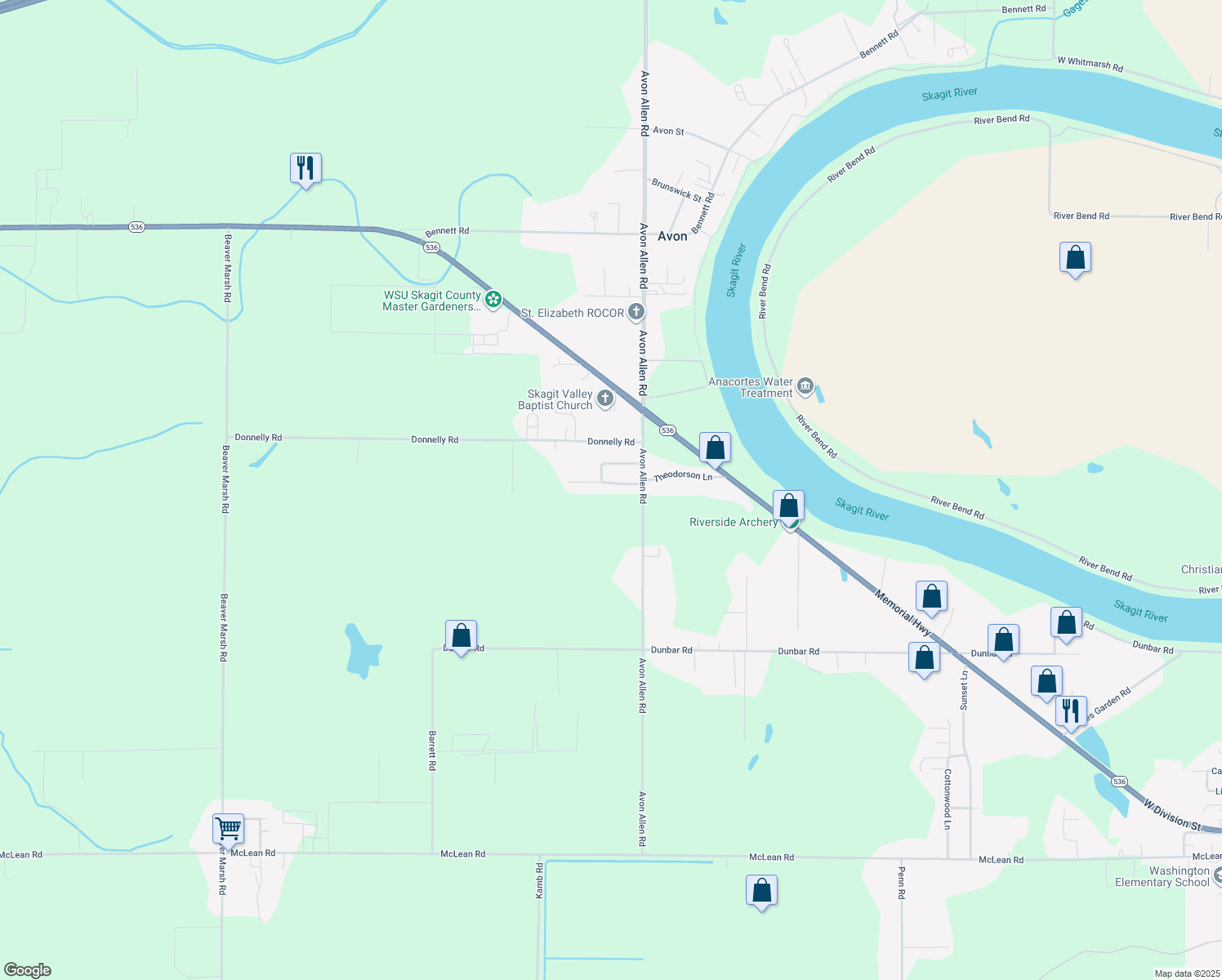 map of restaurants, bars, coffee shops, grocery stores, and more near 16924 Nilson Road in Mount Vernon