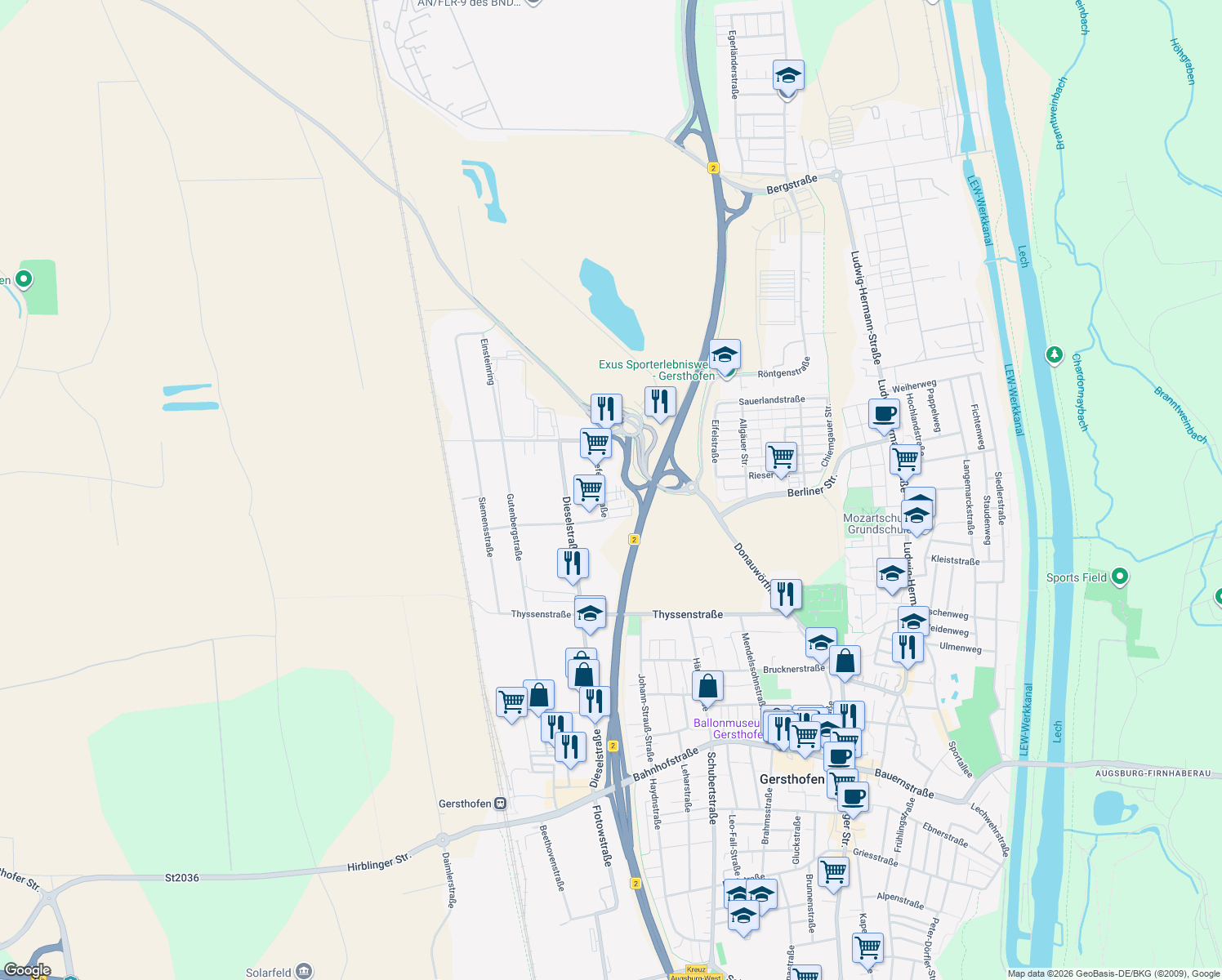 map of restaurants, bars, coffee shops, grocery stores, and more near 17A Senefelderstraße in Gersthofen