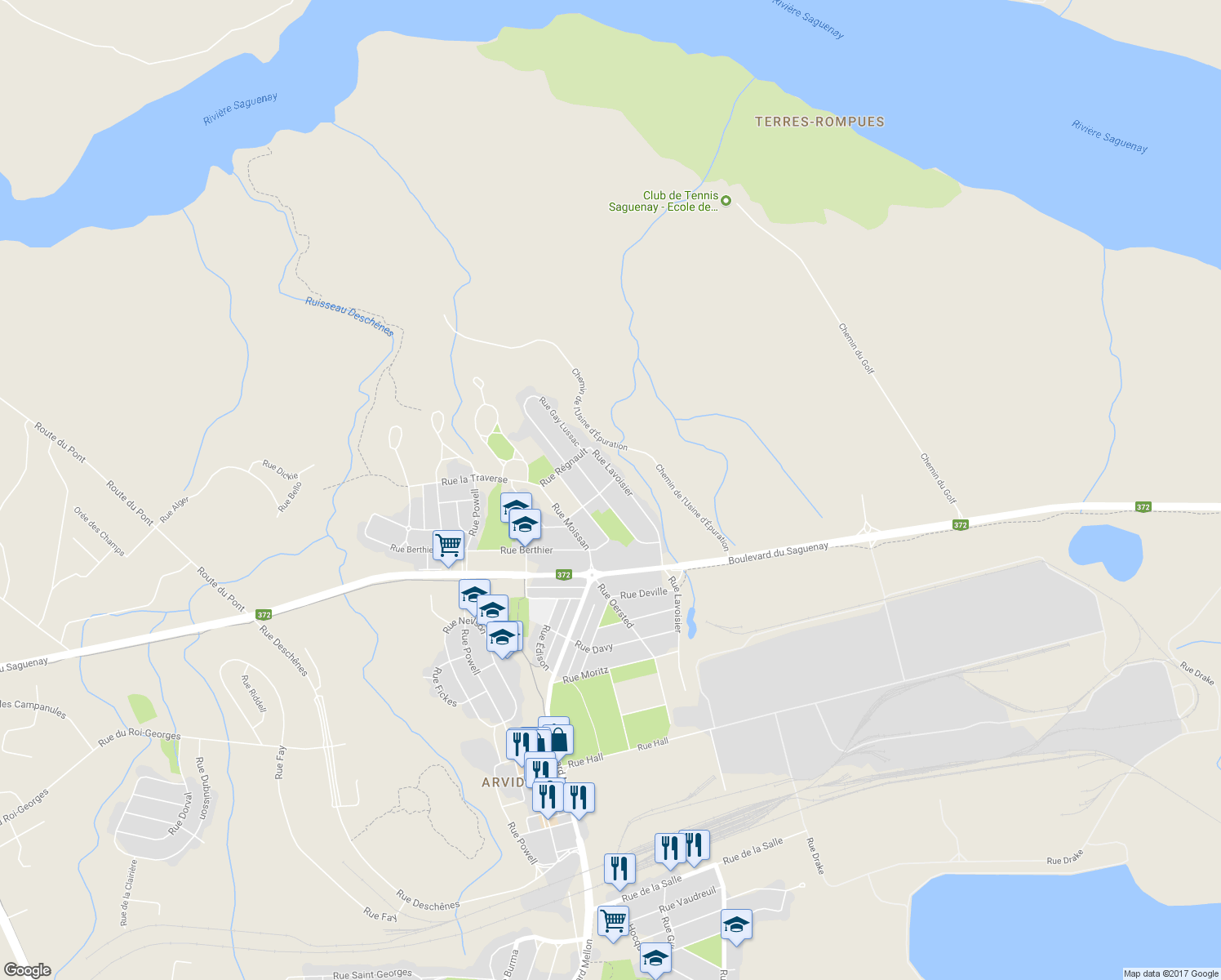 map of restaurants, bars, coffee shops, grocery stores, and more near 2783 Rue Foucault in Saguenay