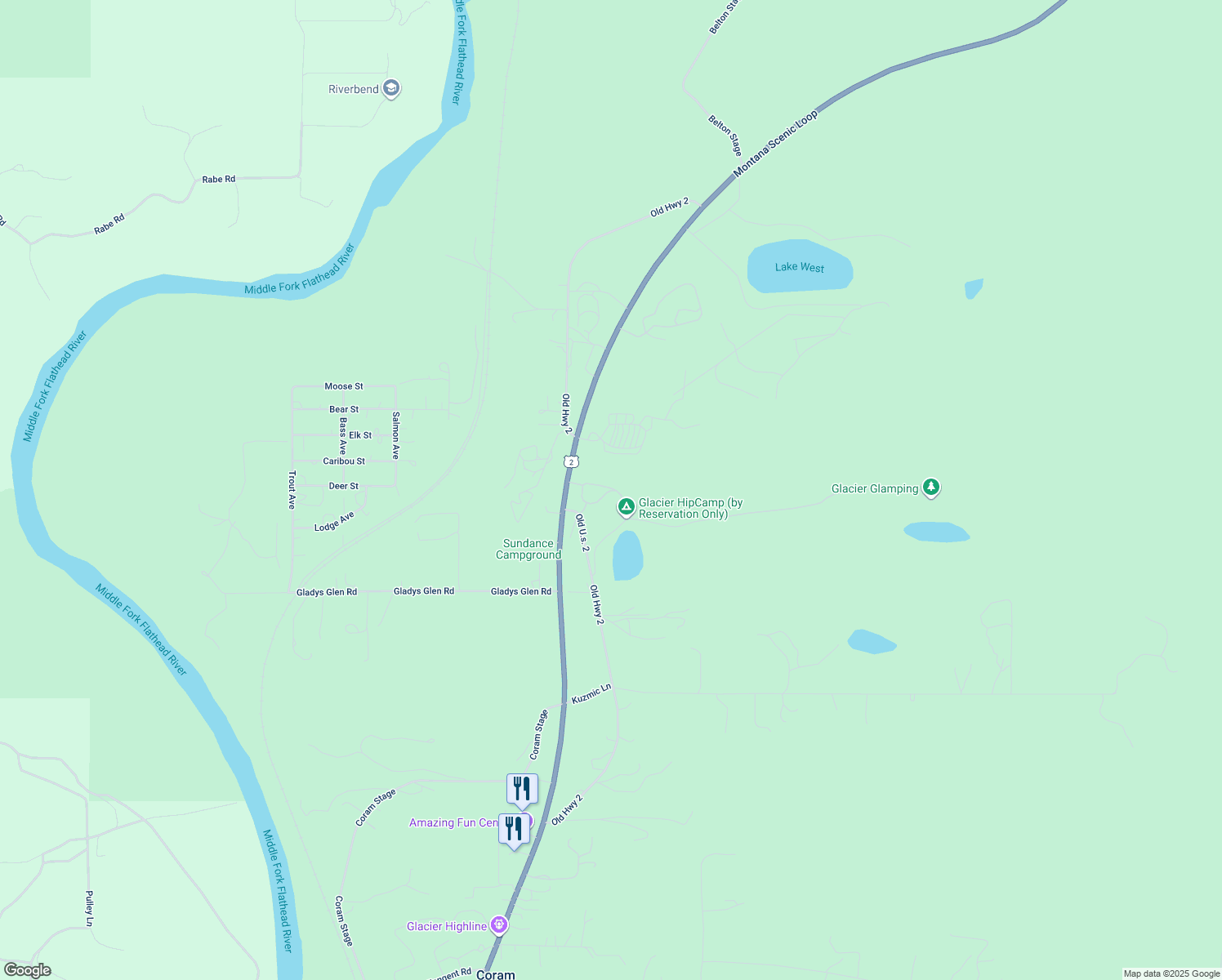 map of restaurants, bars, coffee shops, grocery stores, and more near 1172 Old Highway 2 in Columbia Falls