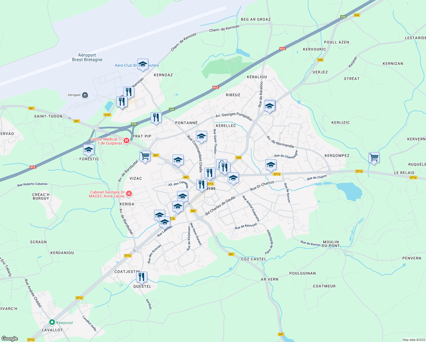 map of restaurants, bars, coffee shops, grocery stores, and more near in Guipavas
