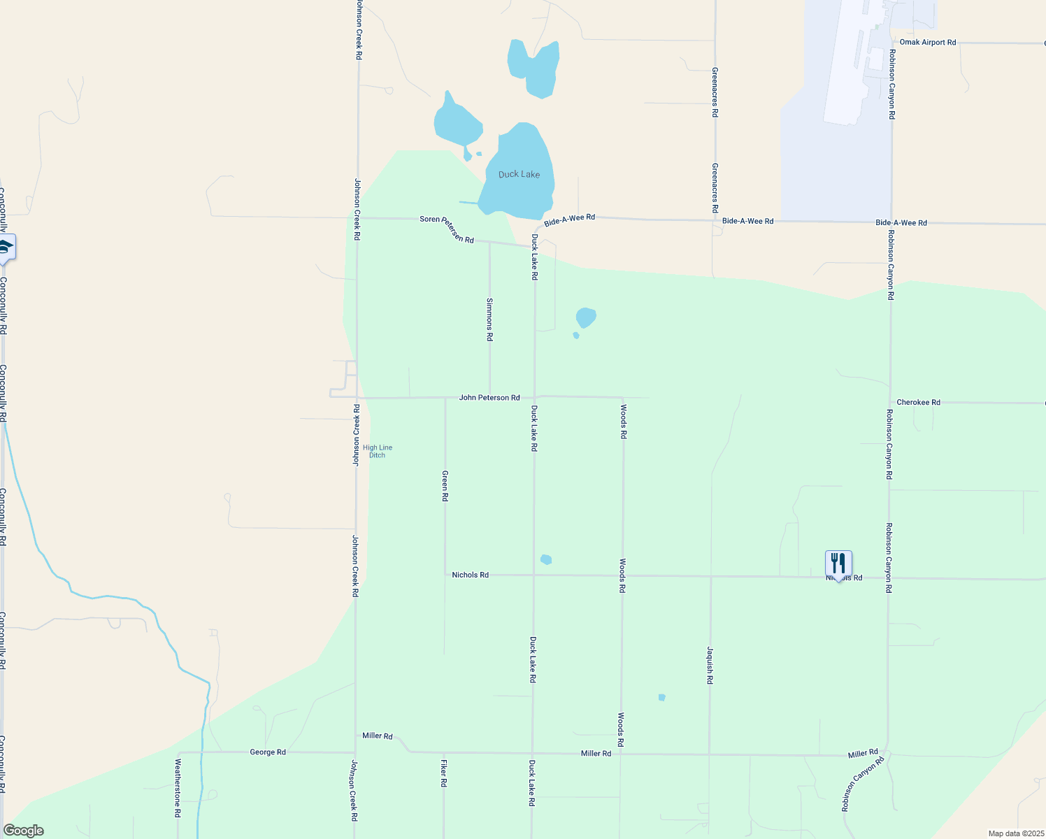 map of restaurants, bars, coffee shops, grocery stores, and more near 193 Duck Lake Road in Omak