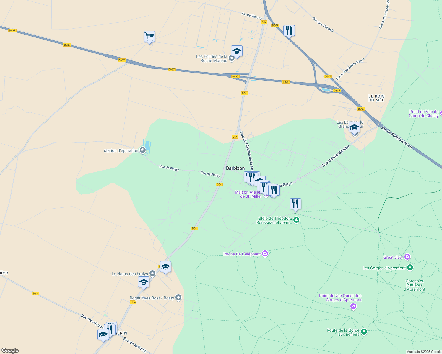 map of restaurants, bars, coffee shops, grocery stores, and more near 2 Avenue du Gén de Gaulle in Barbizon