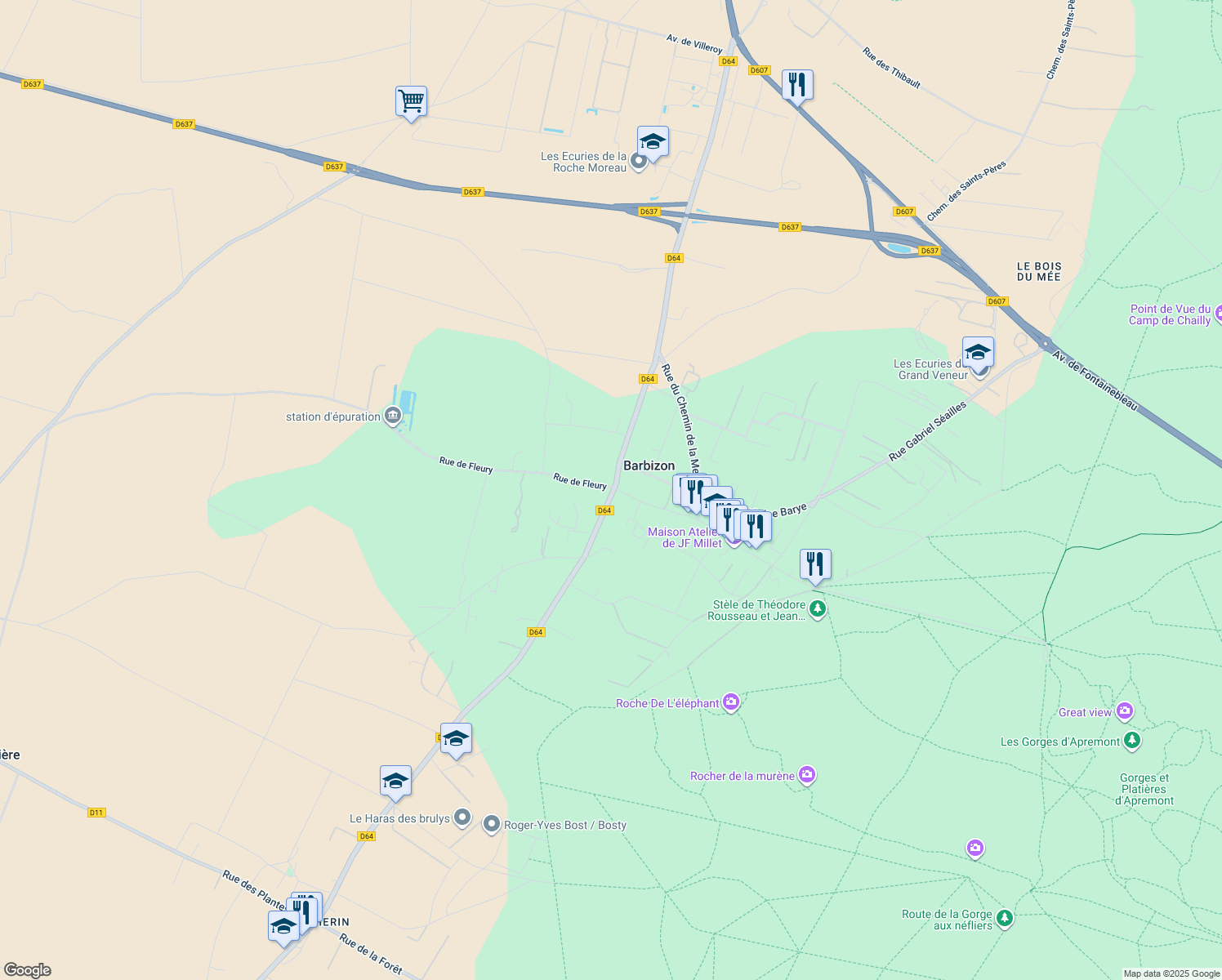 map of restaurants, bars, coffee shops, grocery stores, and more near 2 Avenue du Gén de Gaulle in Barbizon