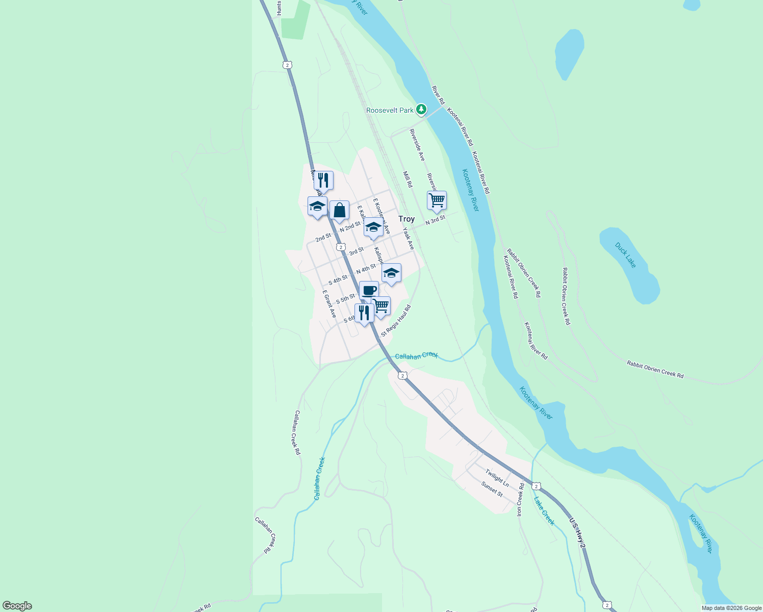 map of restaurants, bars, coffee shops, grocery stores, and more near 511 East Spokane Avenue in Troy