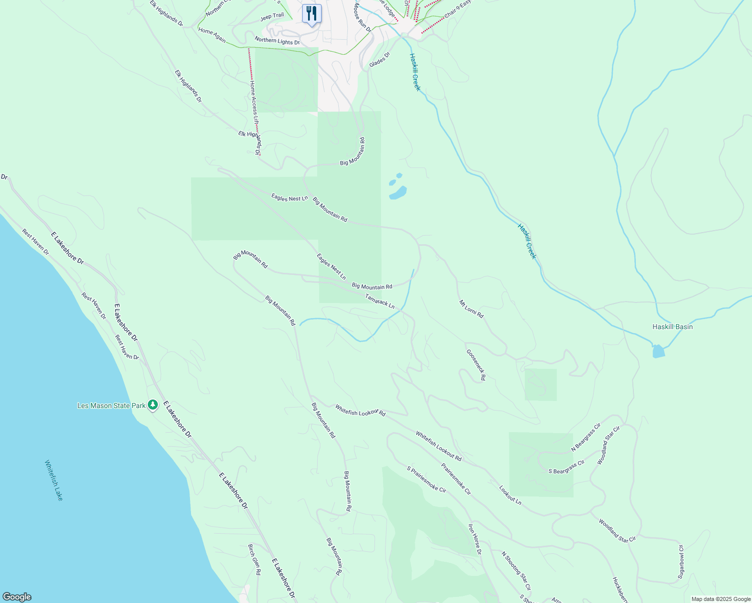 map of restaurants, bars, coffee shops, grocery stores, and more near Ptarmigan Road in Whitefish