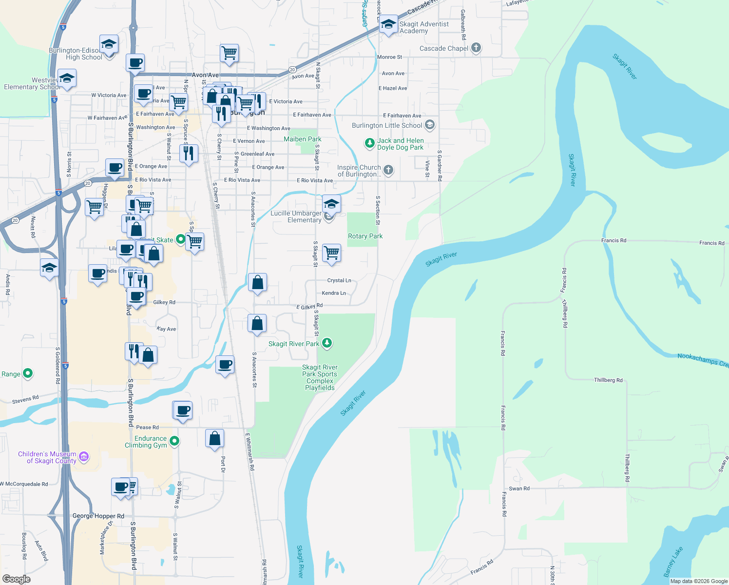 map of restaurants, bars, coffee shops, grocery stores, and more near 1019 South Section Street in Burlington