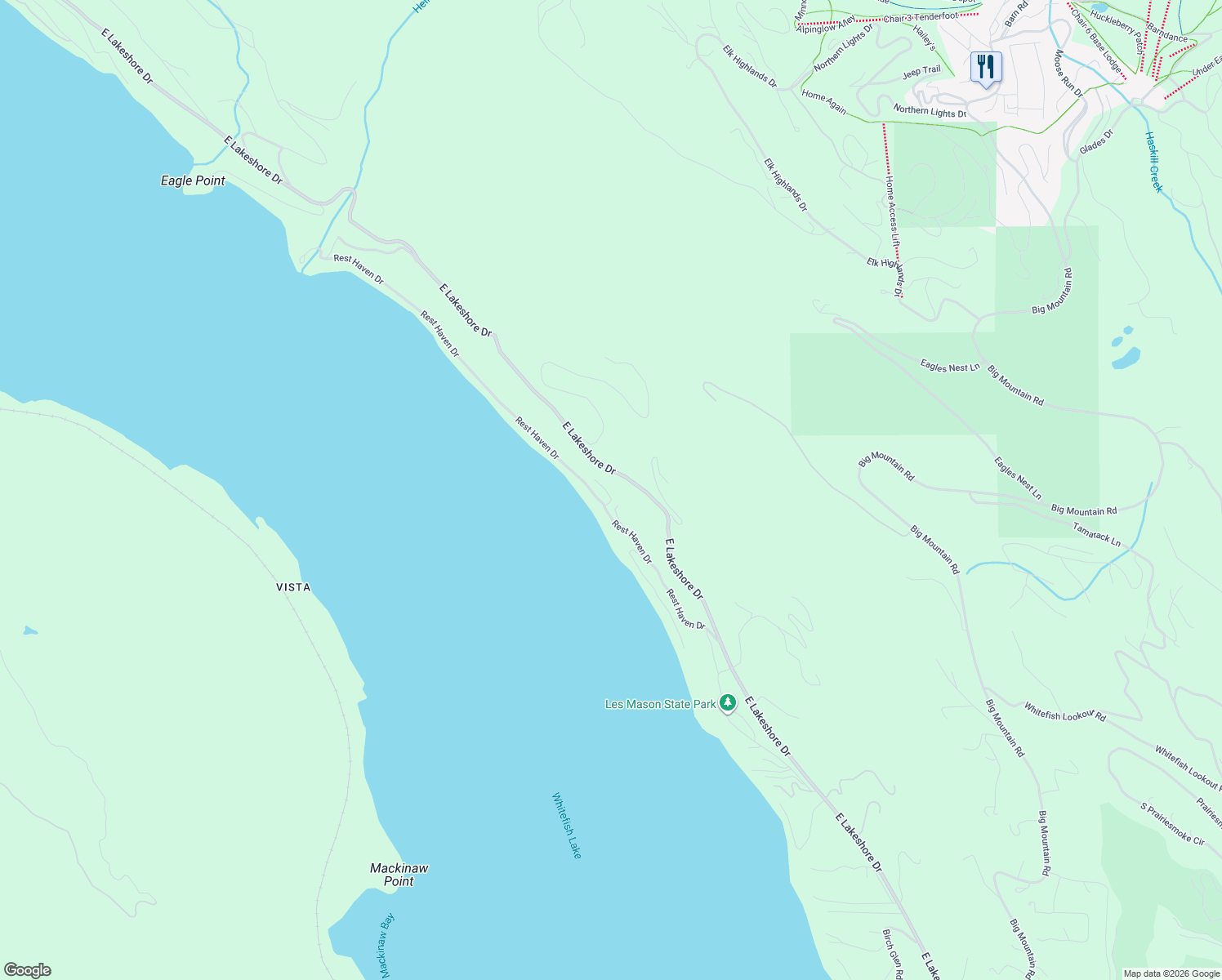 map of restaurants, bars, coffee shops, grocery stores, and more near 2767 Rest Haven Drive in Whitefish