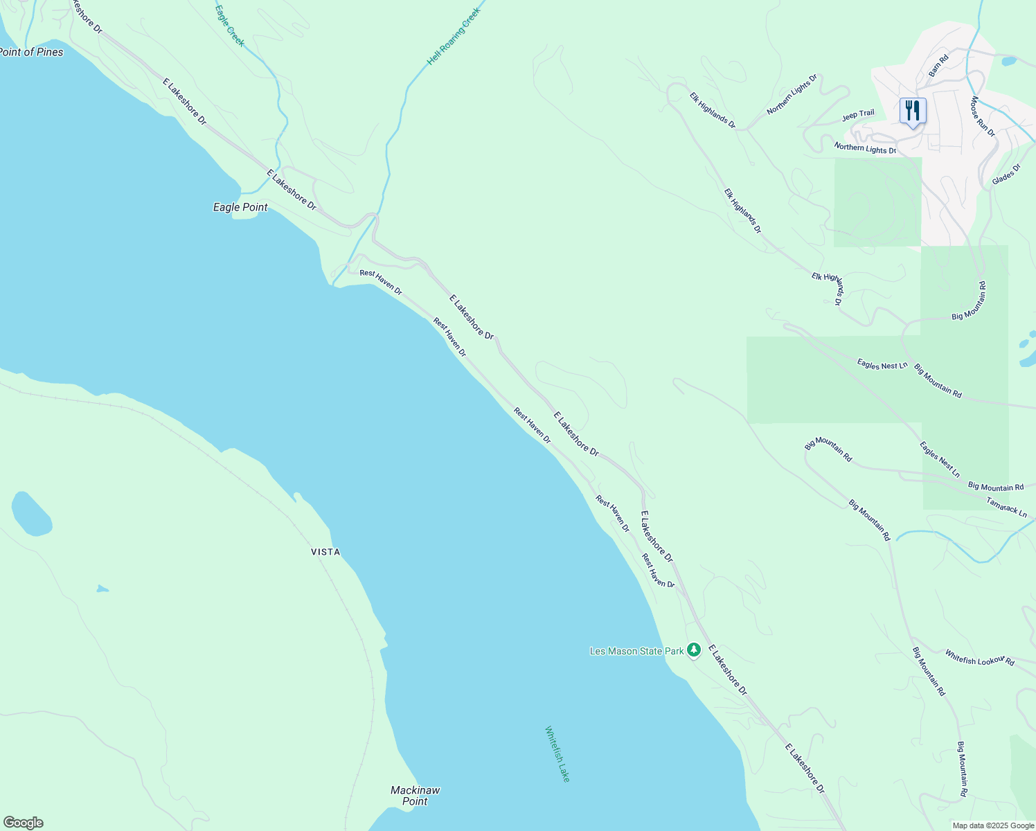 map of restaurants, bars, coffee shops, grocery stores, and more near 2830 Rest Haven Drive in Whitefish