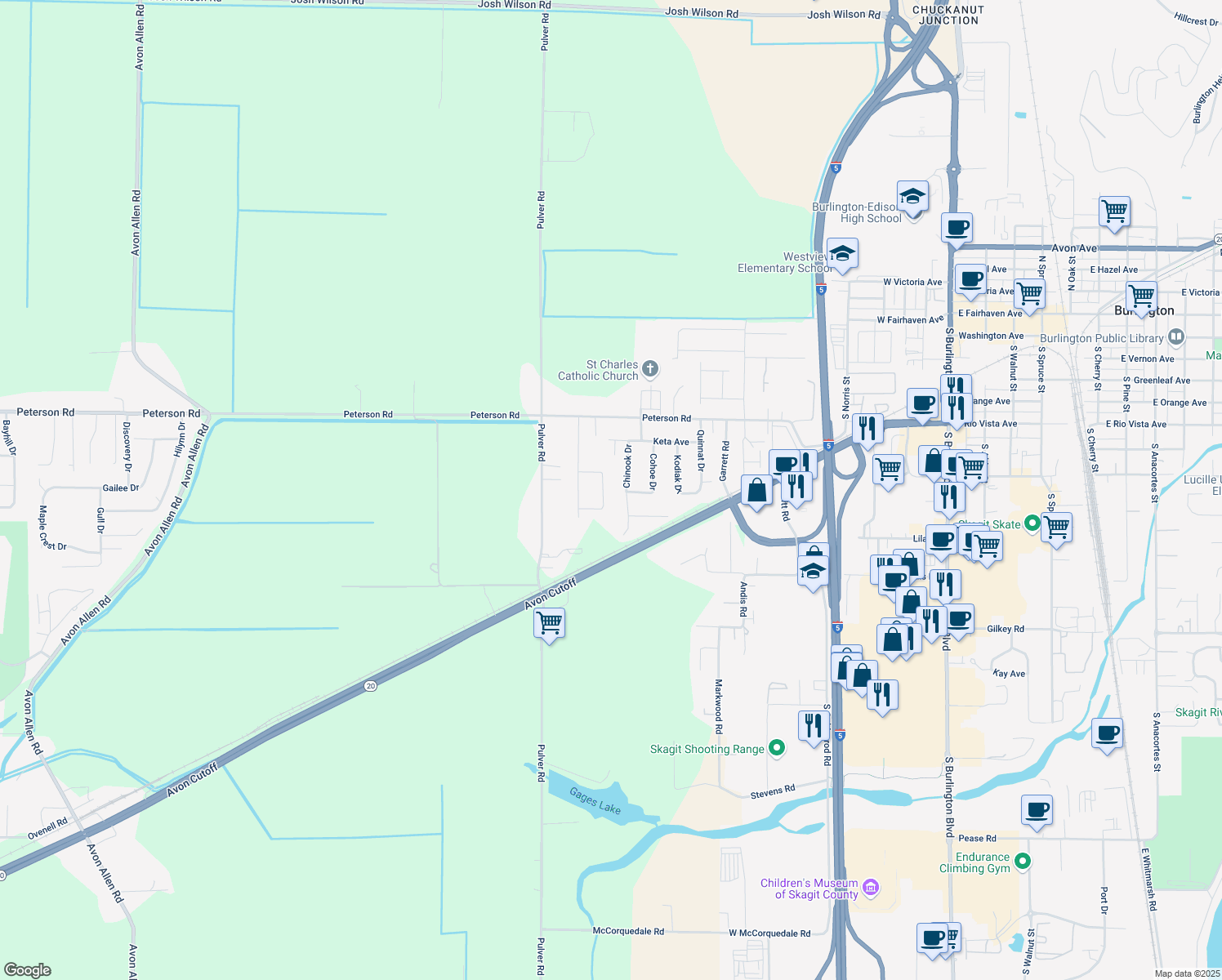map of restaurants, bars, coffee shops, grocery stores, and more near 18139 Joy Pl in Burlington