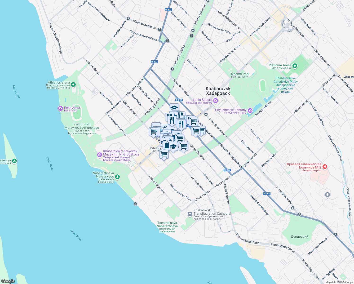 map of restaurants, bars, coffee shops, grocery stores, and more near 60 ulitsa Frunze in Khabarovsk