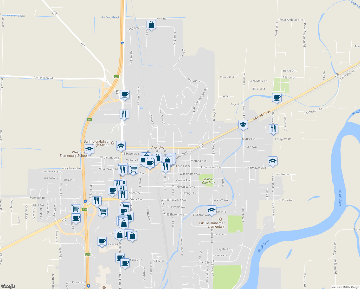 map of restaurants, bars, coffee shops, grocery stores, and more near 417 North Anacortes Street in Burlington