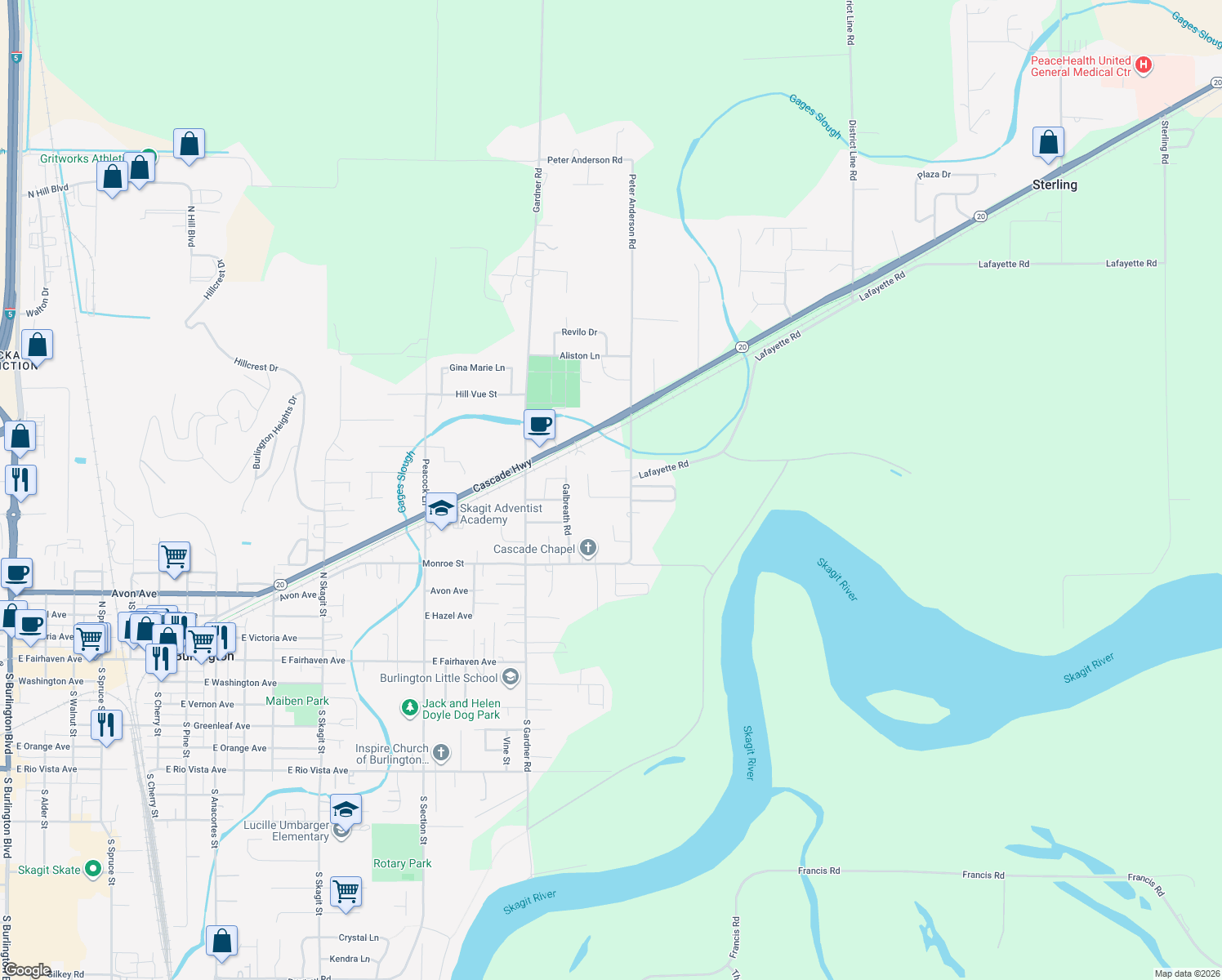 map of restaurants, bars, coffee shops, grocery stores, and more near 20467 Eastgate Way in Burlington