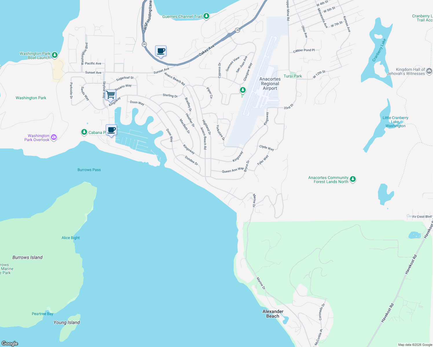map of restaurants, bars, coffee shops, grocery stores, and more near 4705 Queen Ann Way in Anacortes