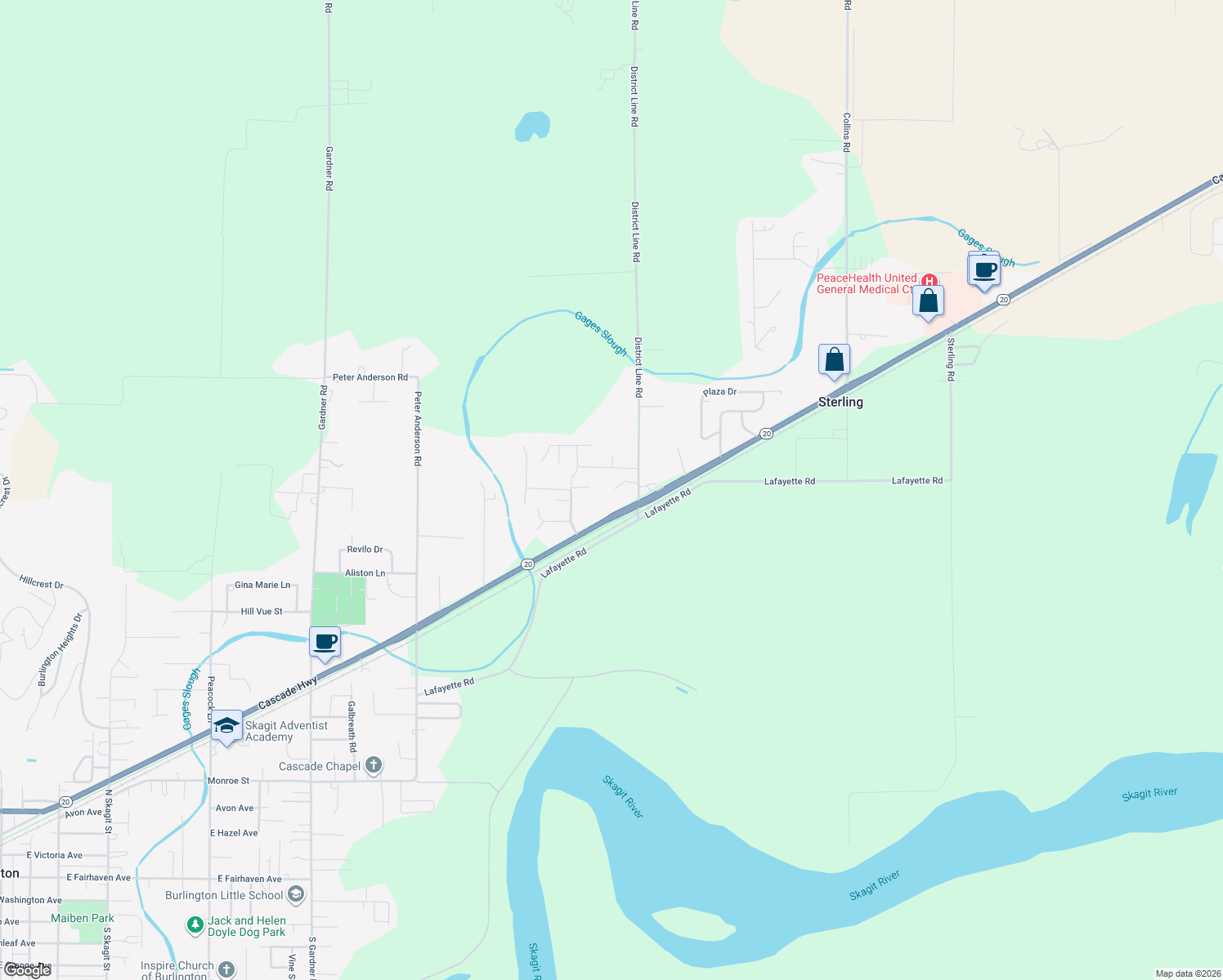 map of restaurants, bars, coffee shops, grocery stores, and more near 20938 Morgan Lane in Burlington