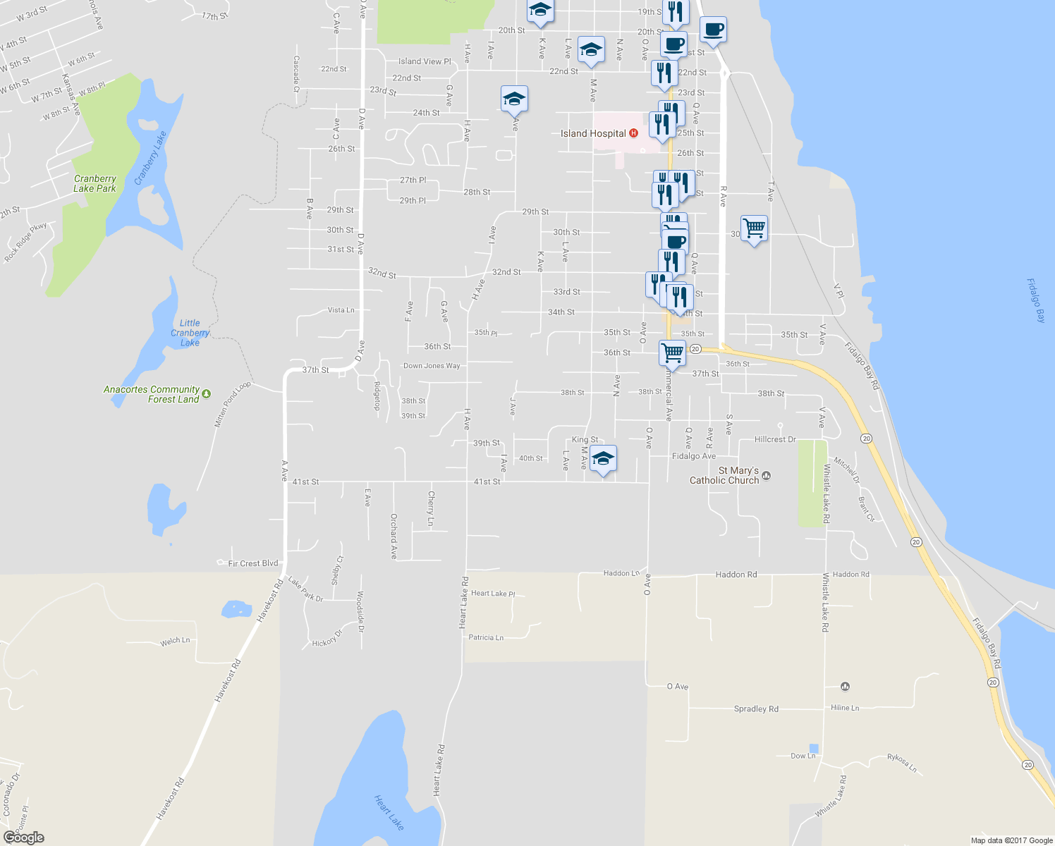 map of restaurants, bars, coffee shops, grocery stores, and more near 3815 J Avenue in Anacortes