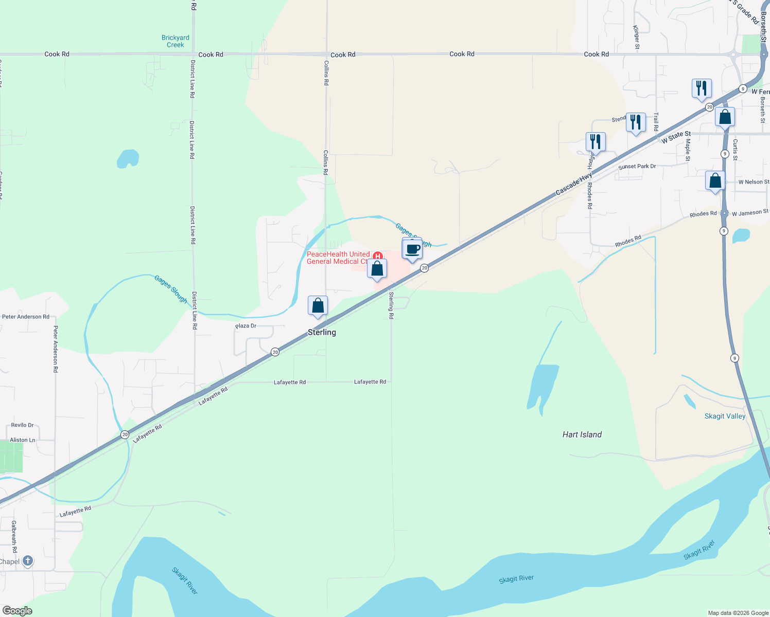 map of restaurants, bars, coffee shops, grocery stores, and more near 10478 Sterling Road in Sedro-Woolley