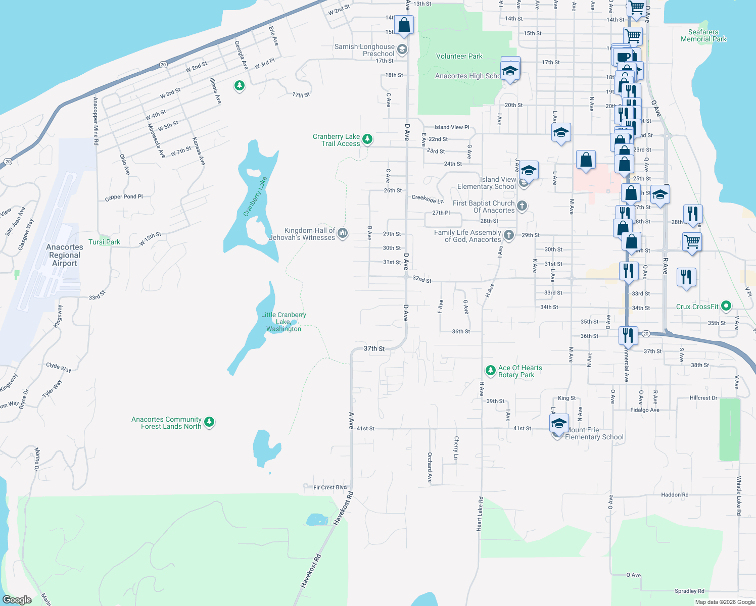 map of restaurants, bars, coffee shops, grocery stores, and more near 2308 Vista Lane in Anacortes