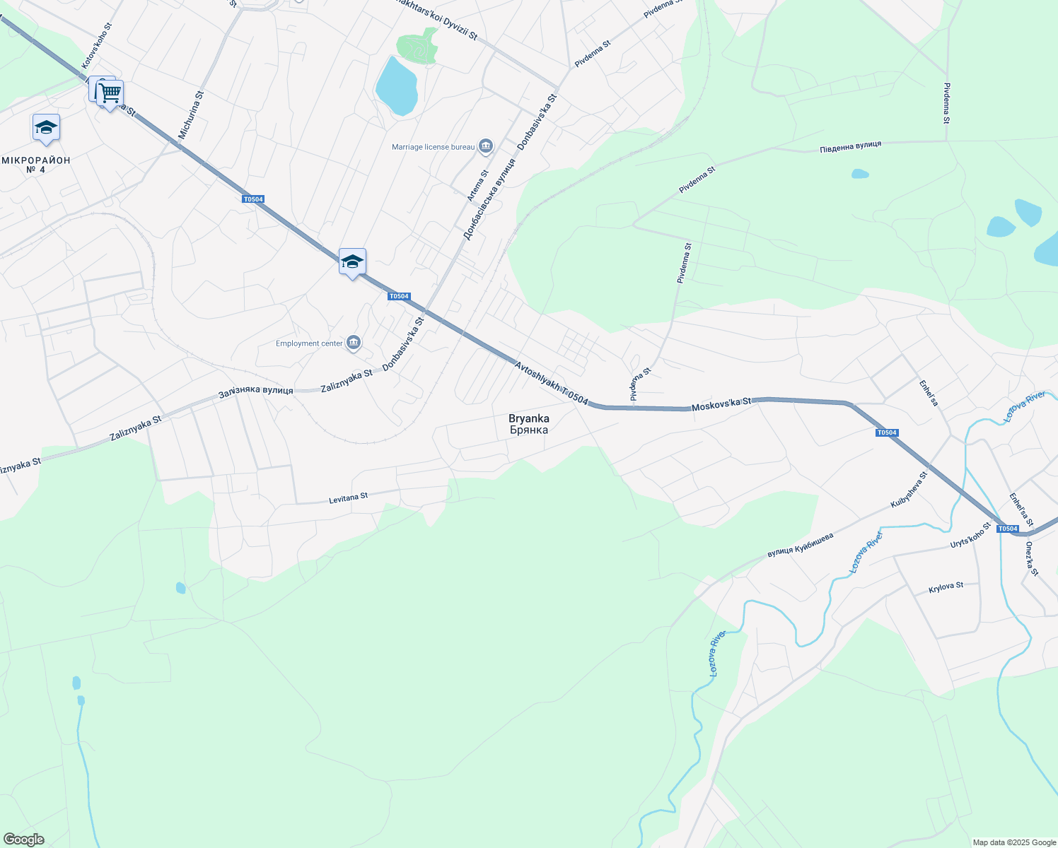 map of restaurants, bars, coffee shops, grocery stores, and more near in Bryanka