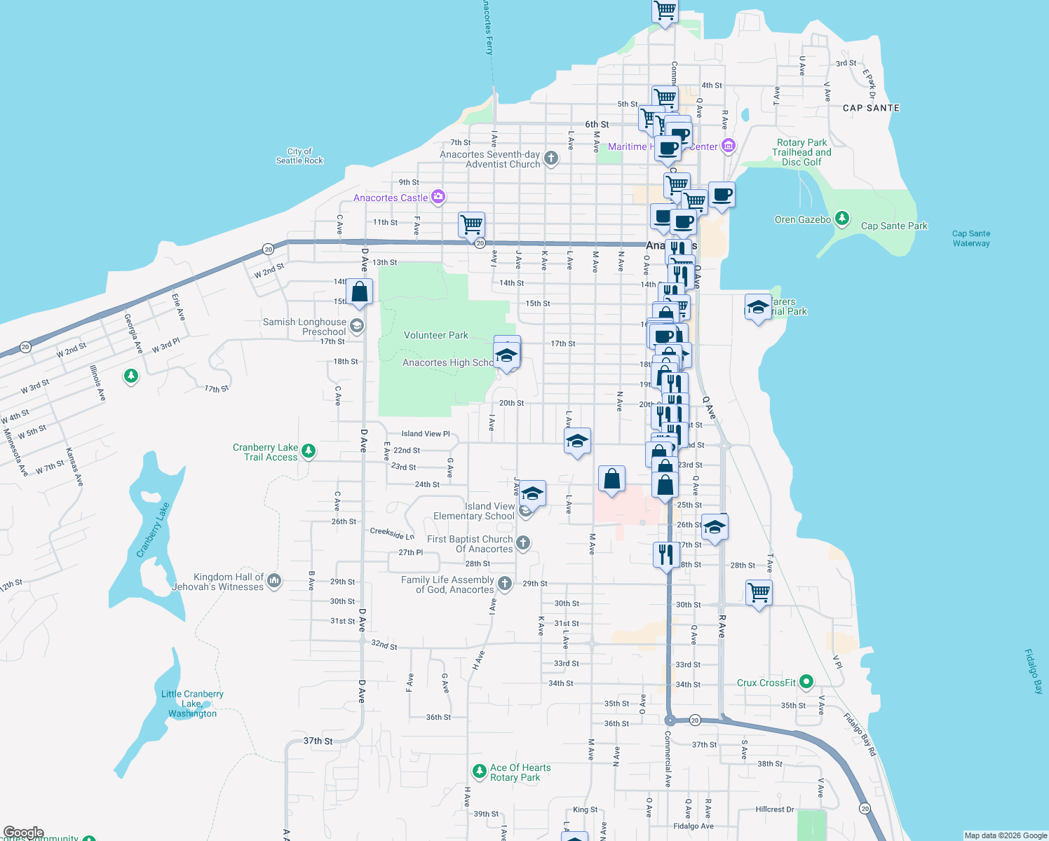 map of restaurants, bars, coffee shops, grocery stores, and more near 2019 J Avenue in Anacortes