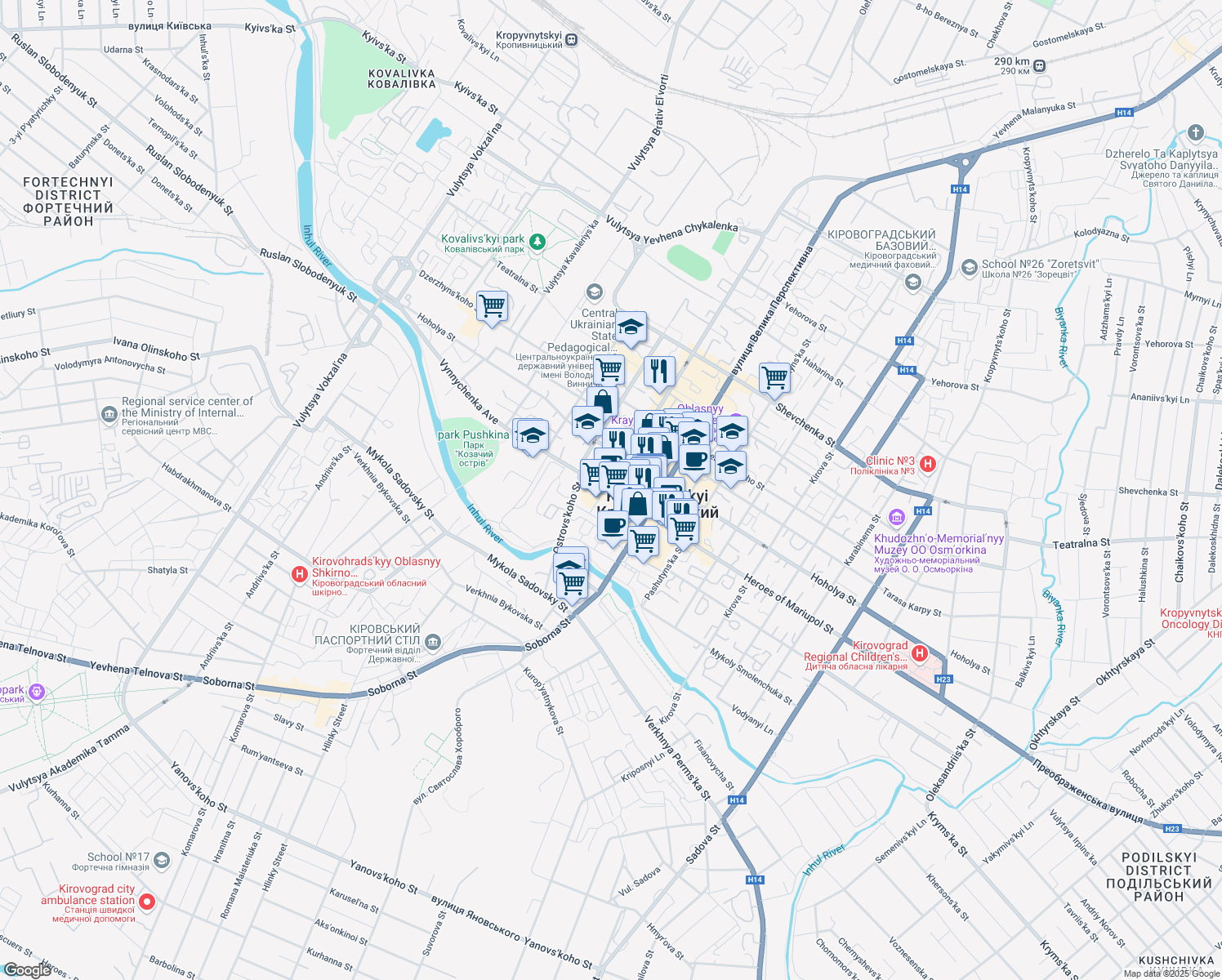 map of restaurants, bars, coffee shops, grocery stores, and more near in Kropyvnytskyi