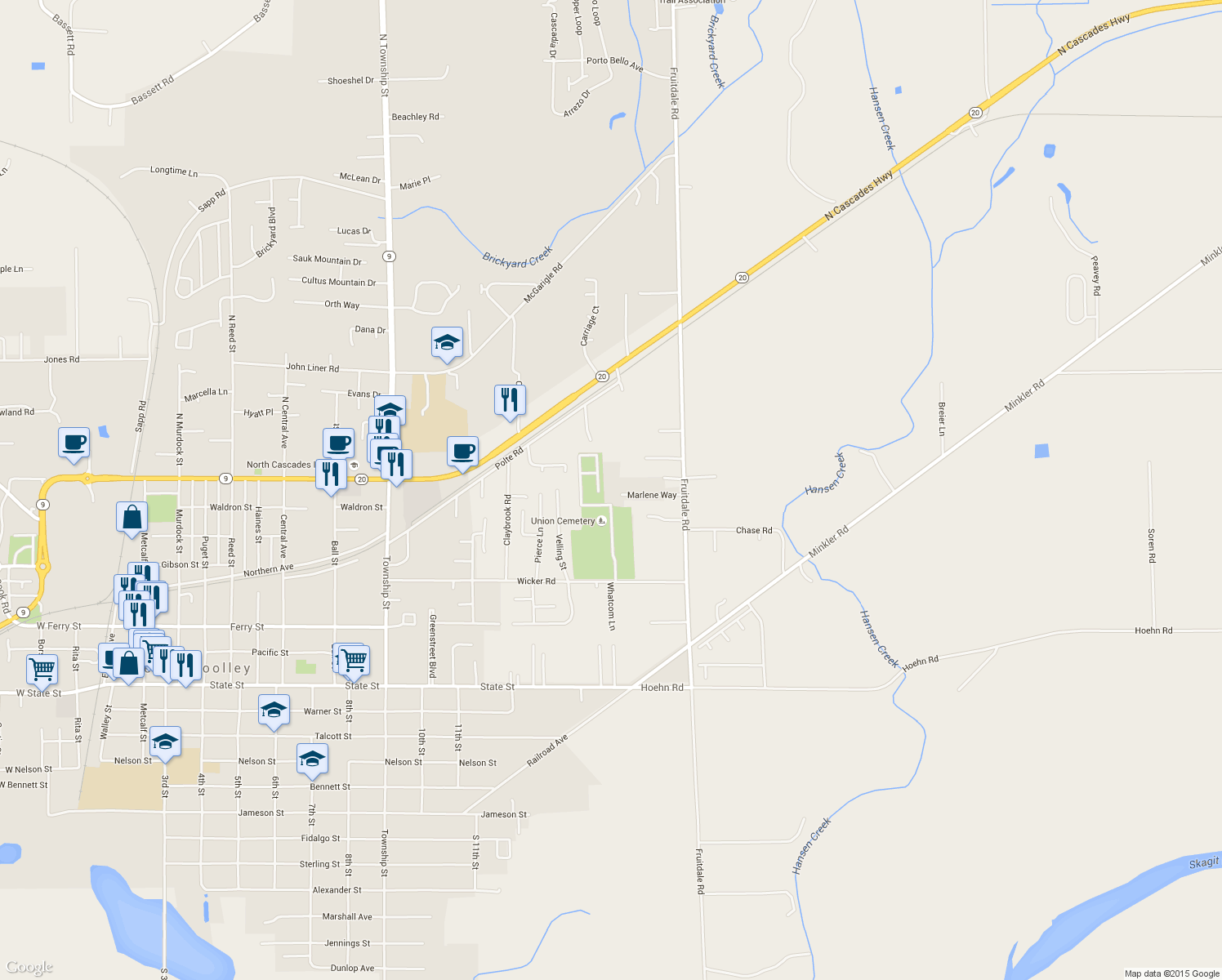 map of restaurants, bars, coffee shops, grocery stores, and more near 24581 Marlene Way in Sedro-Woolley