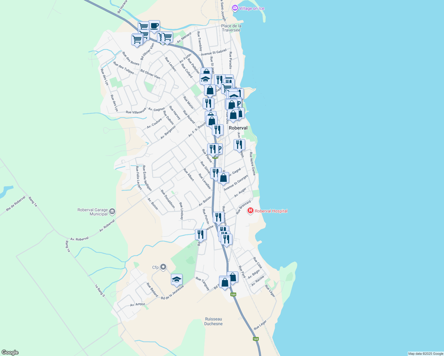map of restaurants, bars, coffee shops, grocery stores, and more near 581 Rue Scott in Roberval