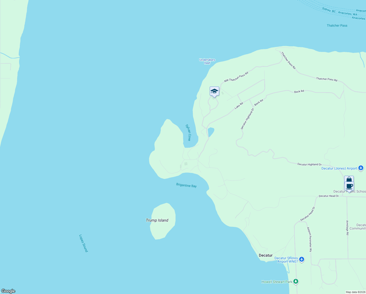 map of restaurants, bars, coffee shops, grocery stores, and more near 94B Sylvan Cove Road in Anacortes