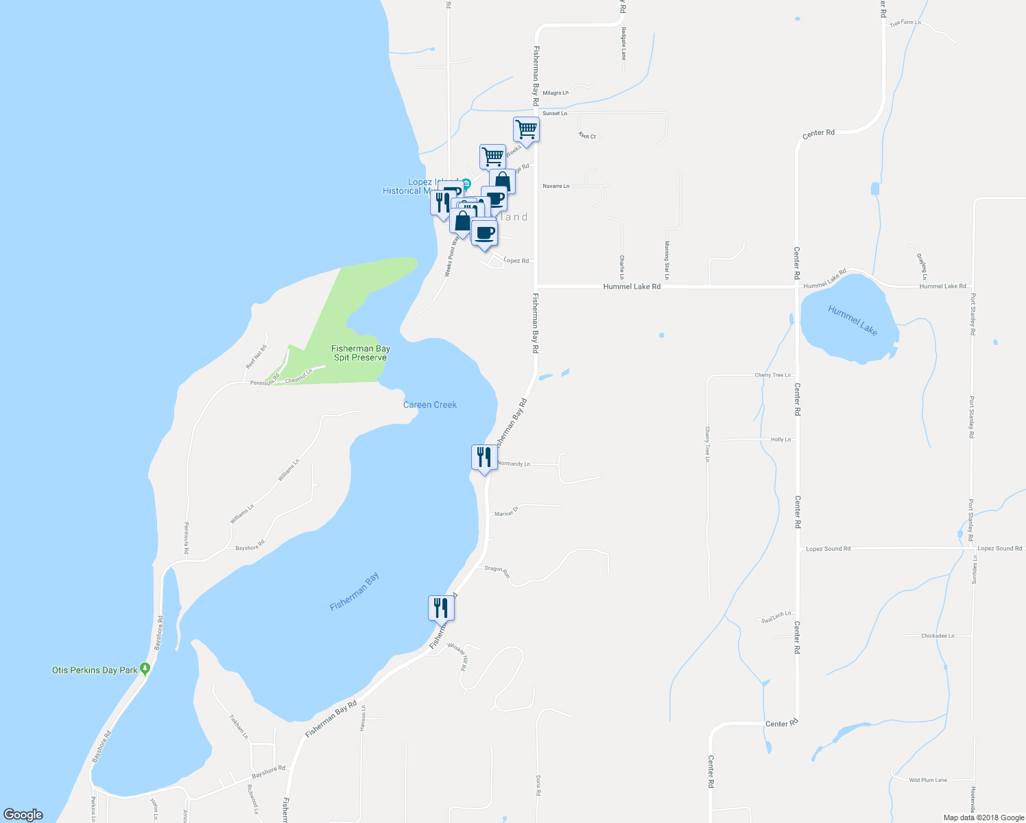 map of restaurants, bars, coffee shops, grocery stores, and more near 2654 Fisherman Bay Road in Lopez Island