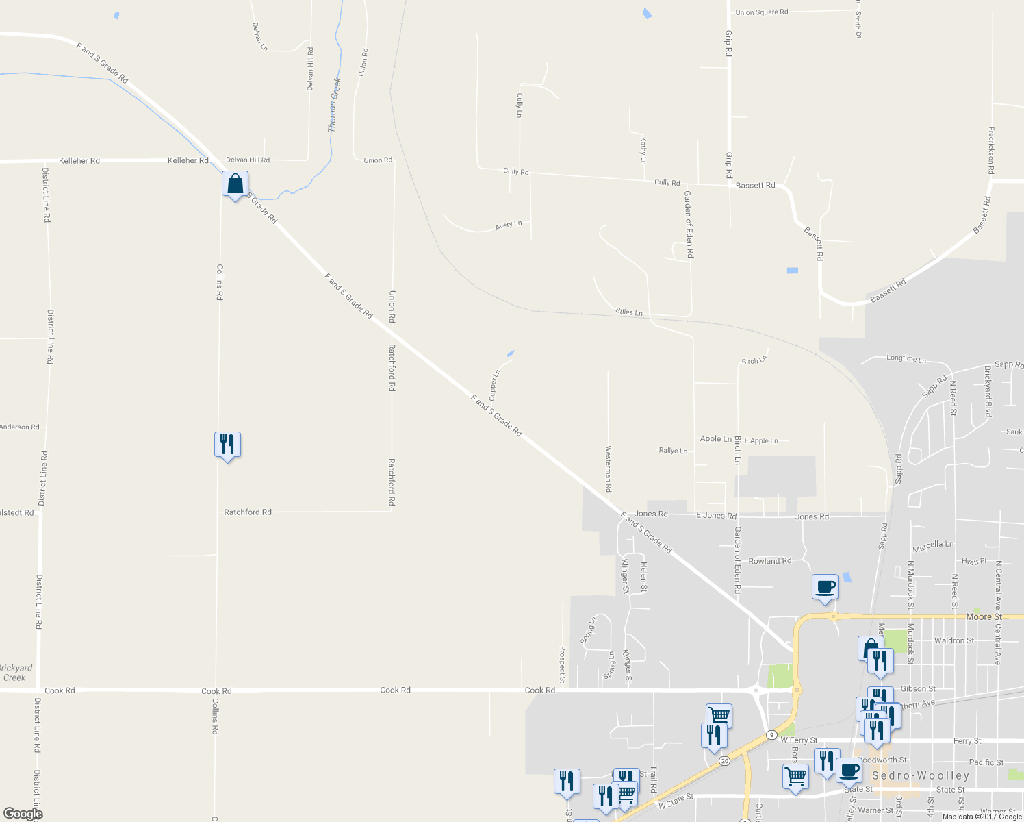 map of restaurants, bars, coffee shops, grocery stores, and more near 8739 F and S Grade Rd in Sedro-Woolley