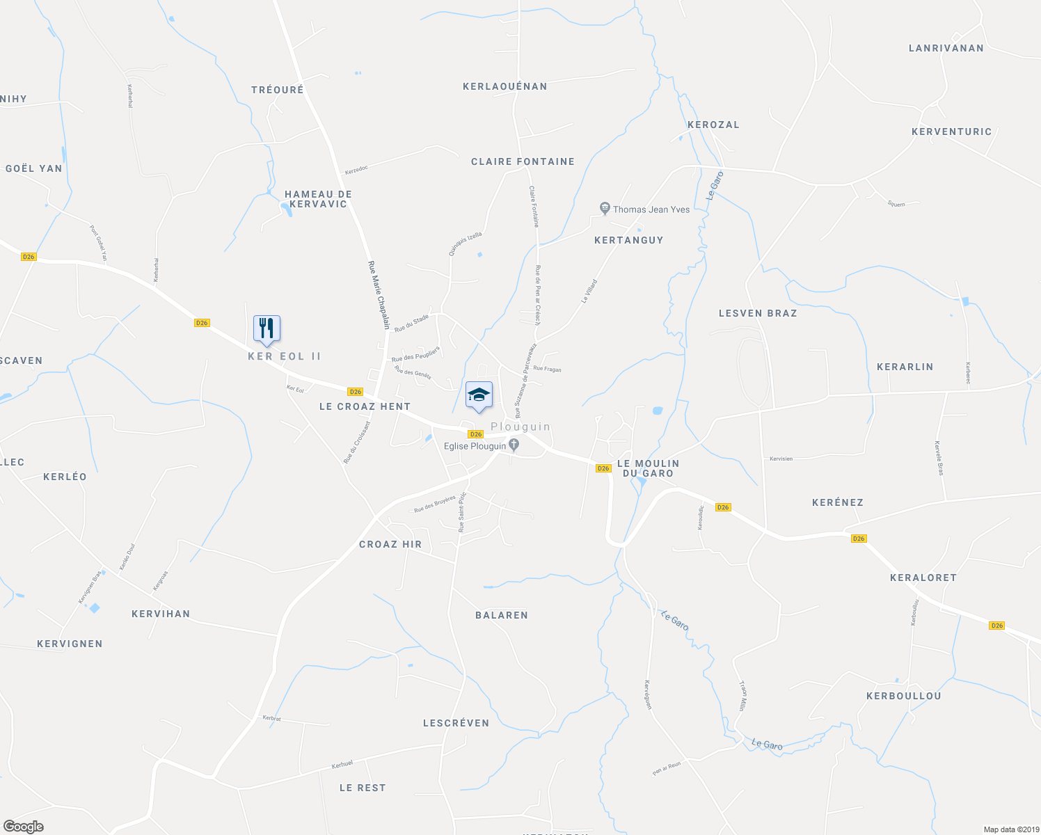 map of restaurants, bars, coffee shops, grocery stores, and more near 2 Place Eugène Forest in Plouguin