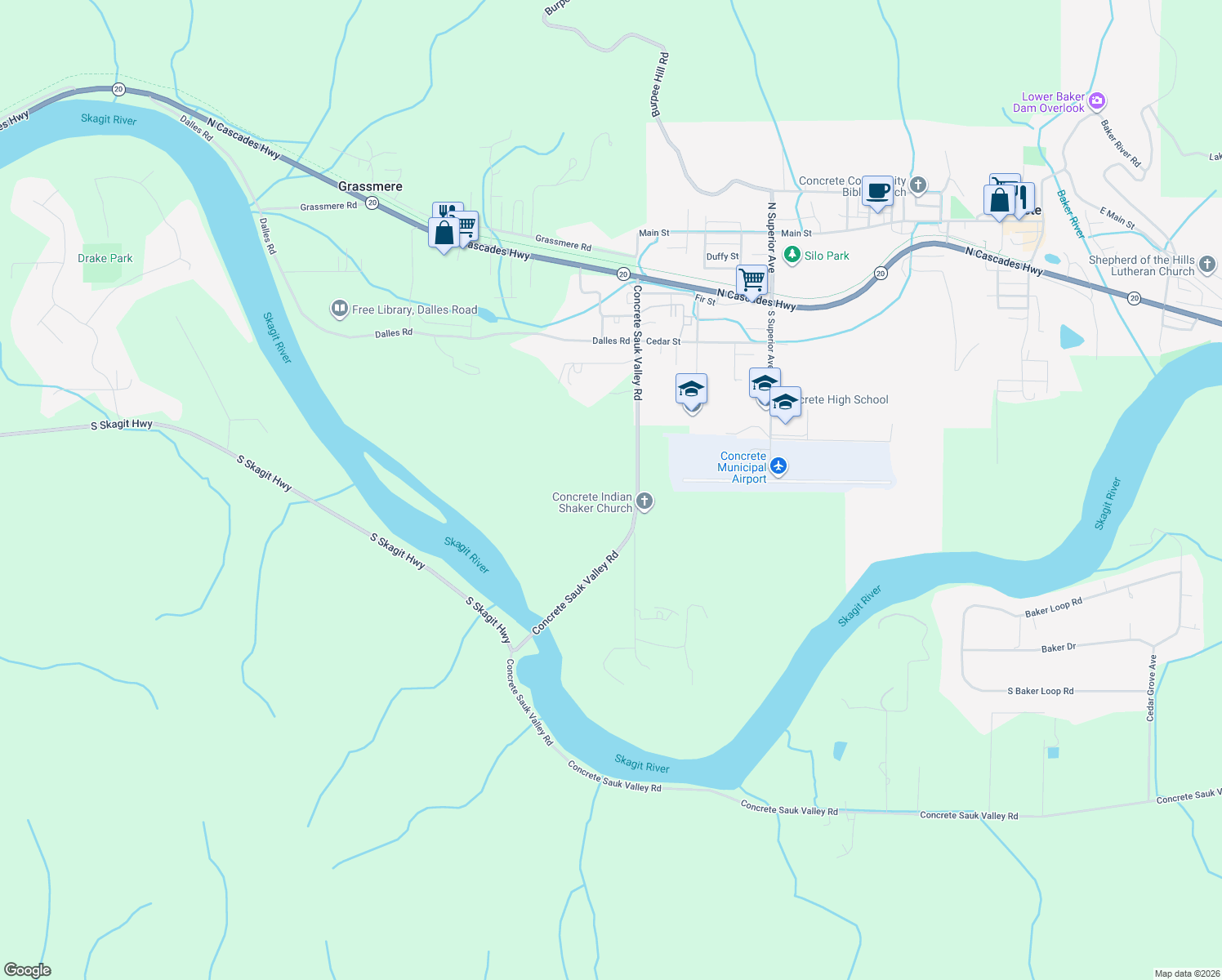 map of restaurants, bars, coffee shops, grocery stores, and more near 44676 Concrete Sauk Valley Road in Concrete