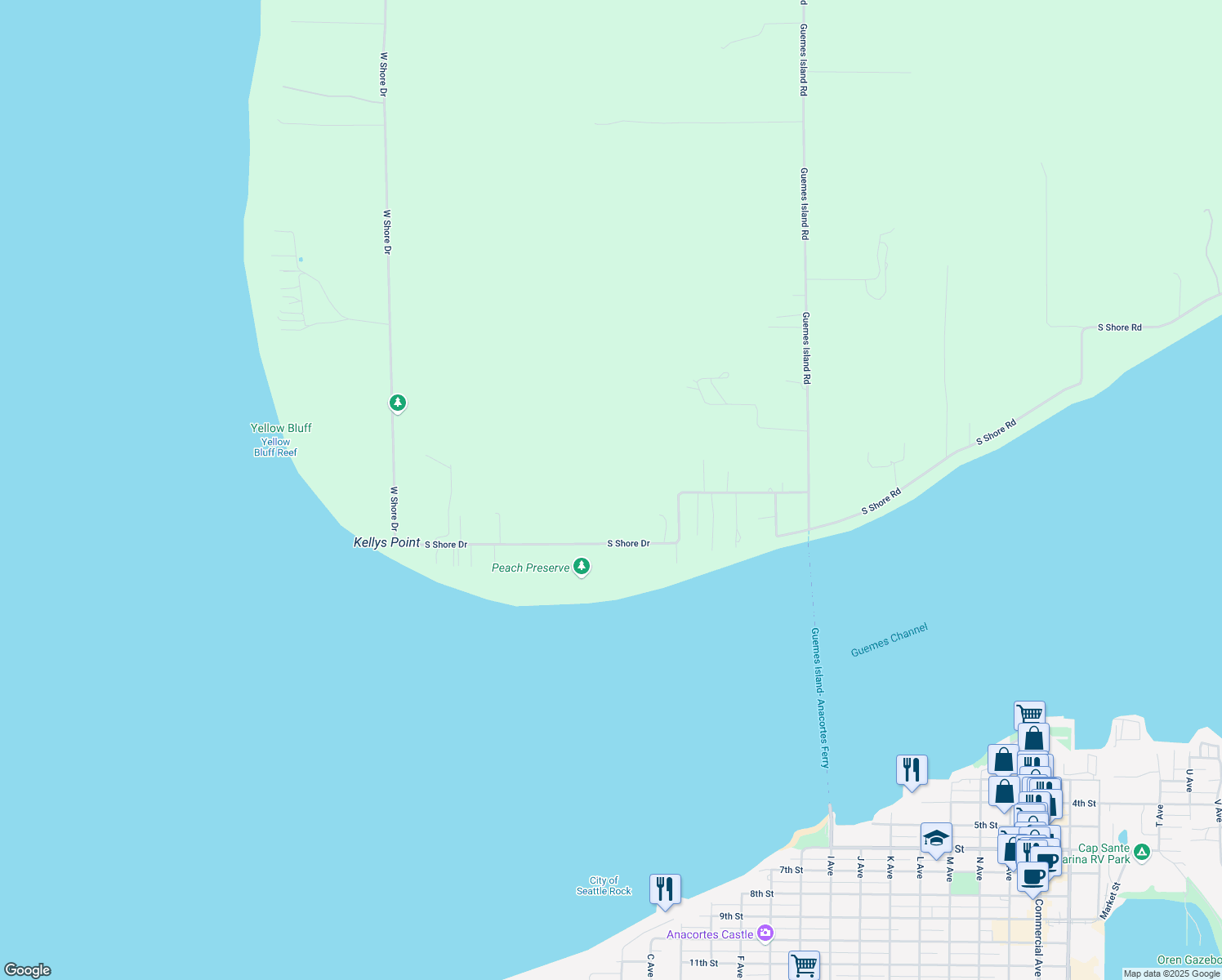 map of restaurants, bars, coffee shops, grocery stores, and more near 5049 South Shore Drive in Anacortes