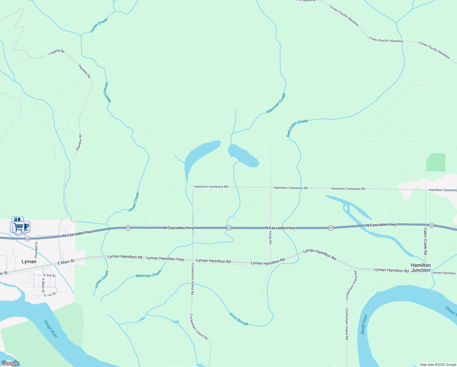 map of restaurants, bars, coffee shops, grocery stores, and more near 32859 Hamilton Cemetery Road in Sedro-Woolley
