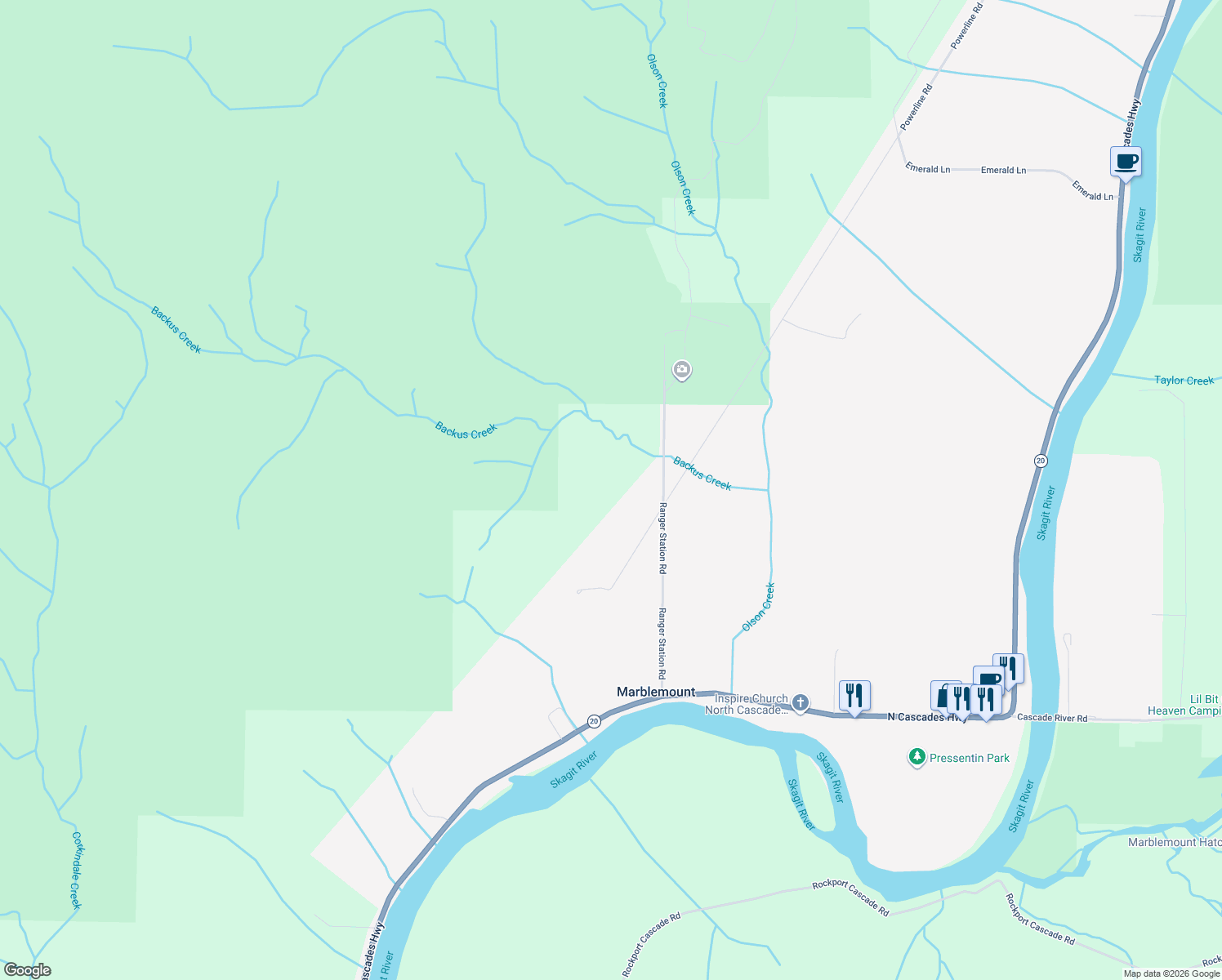 map of restaurants, bars, coffee shops, grocery stores, and more near 7496 Ranger Station Road in Marblemount