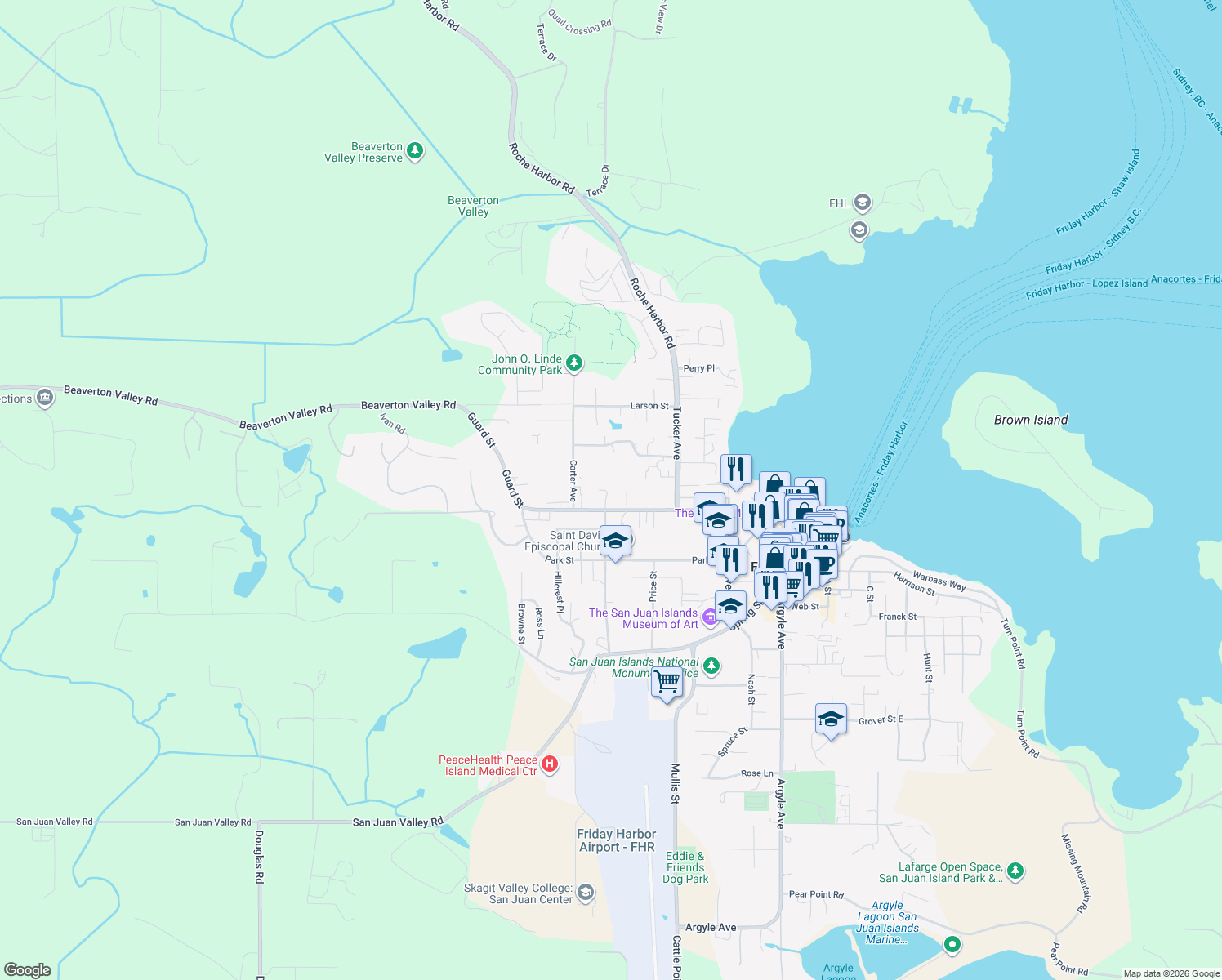 map of restaurants, bars, coffee shops, grocery stores, and more near 790 Guard Street in Friday Harbor