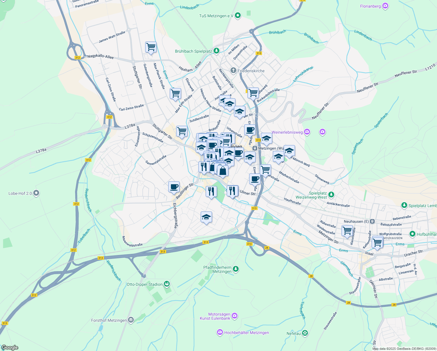 map of restaurants, bars, coffee shops, grocery stores, and more near 11 Ulmer Straße in Metzingen