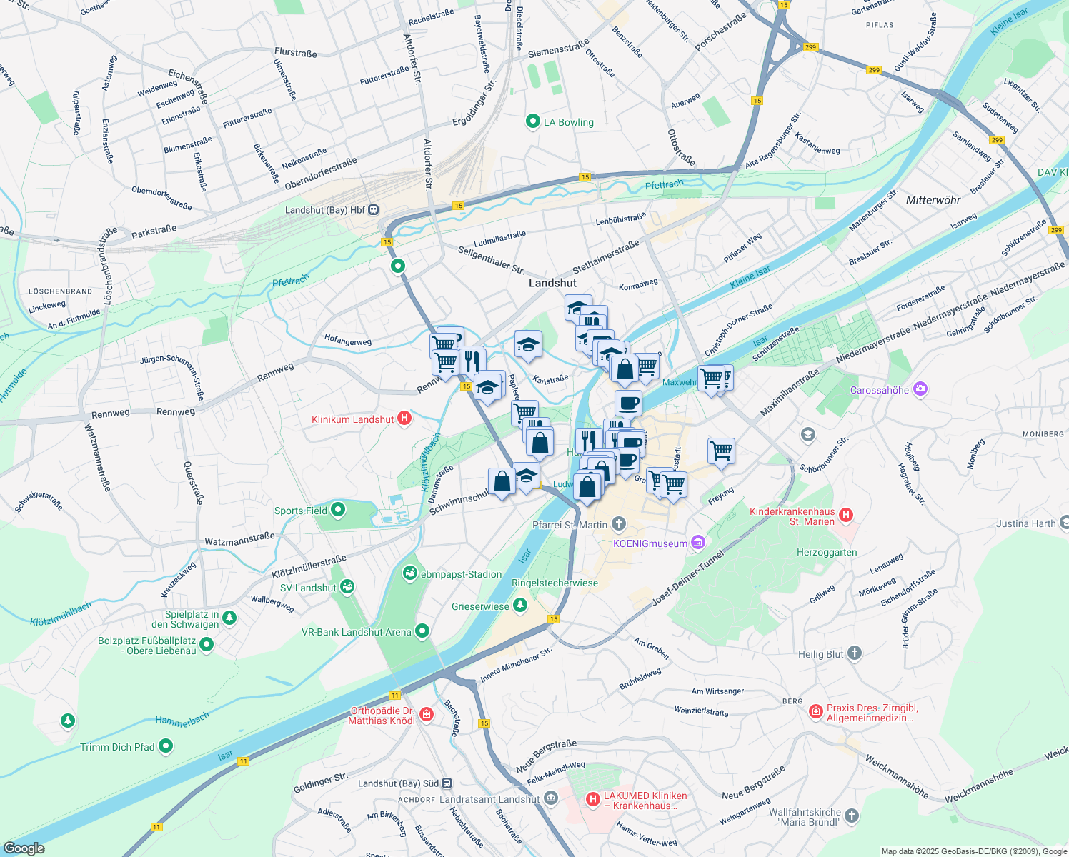map of restaurants, bars, coffee shops, grocery stores, and more near 10 Staudenrausstraße in Landshut