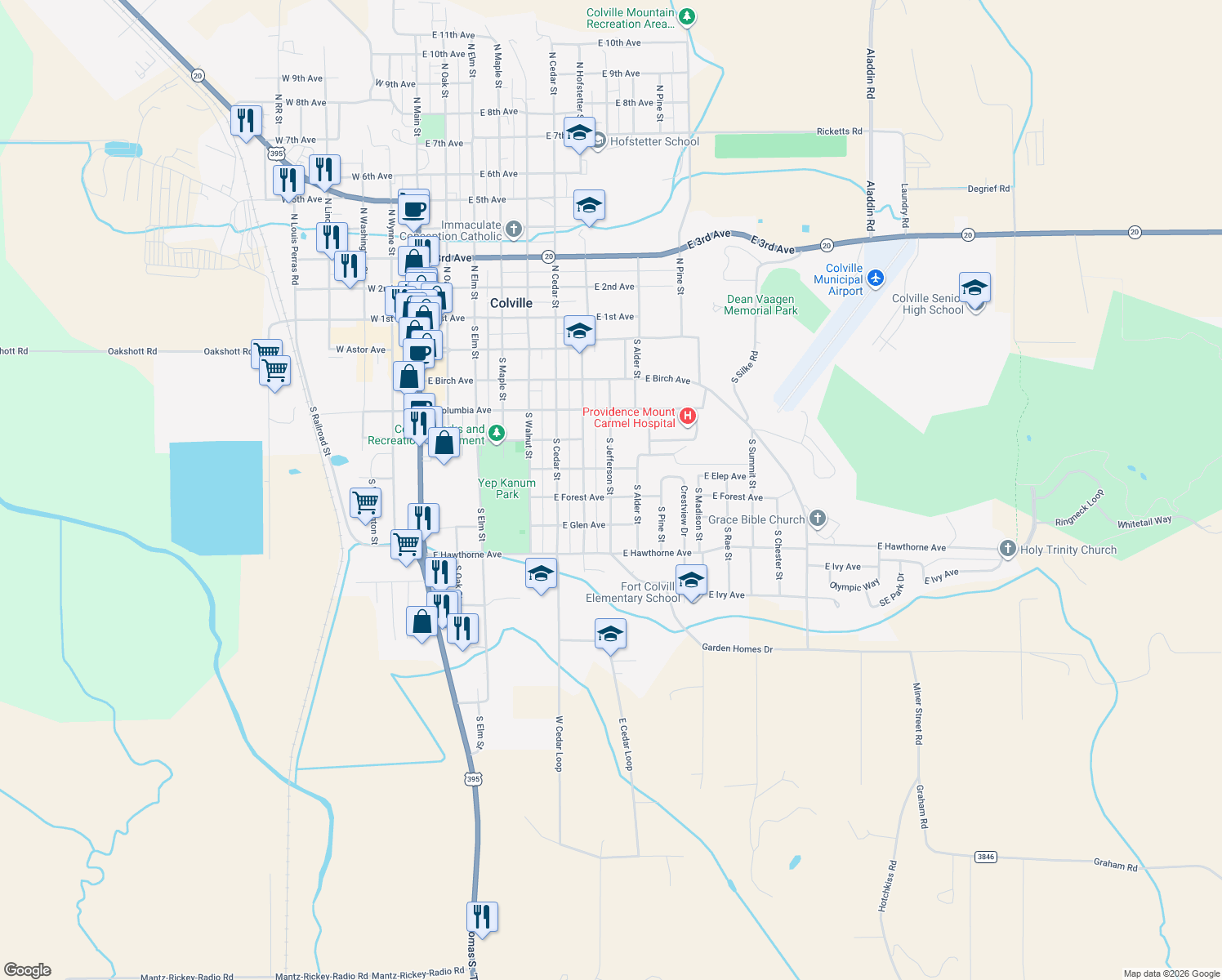 map of restaurants, bars, coffee shops, grocery stores, and more near 675 South Jefferson Street in Colville
