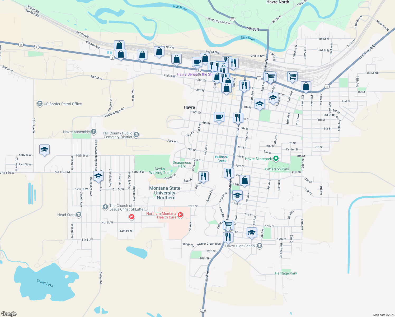 map of restaurants, bars, coffee shops, grocery stores, and more near 937 1st Avenue in Havre