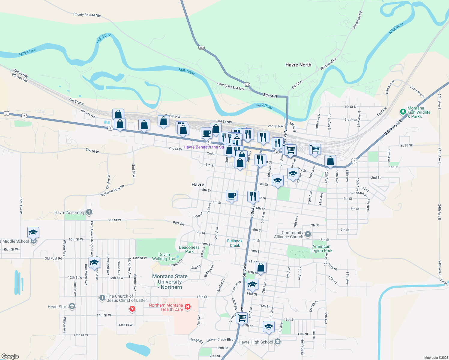 map of restaurants, bars, coffee shops, grocery stores, and more near 204 4th Street in Havre