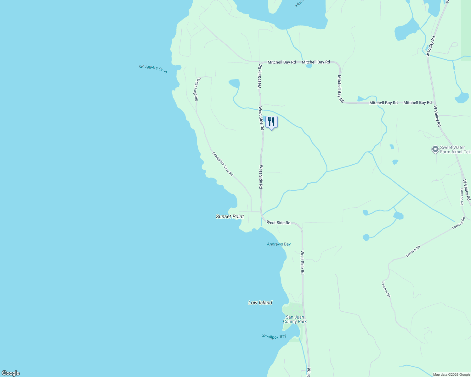 map of restaurants, bars, coffee shops, grocery stores, and more near 191 Smugglers Cove Road in Friday Harbor