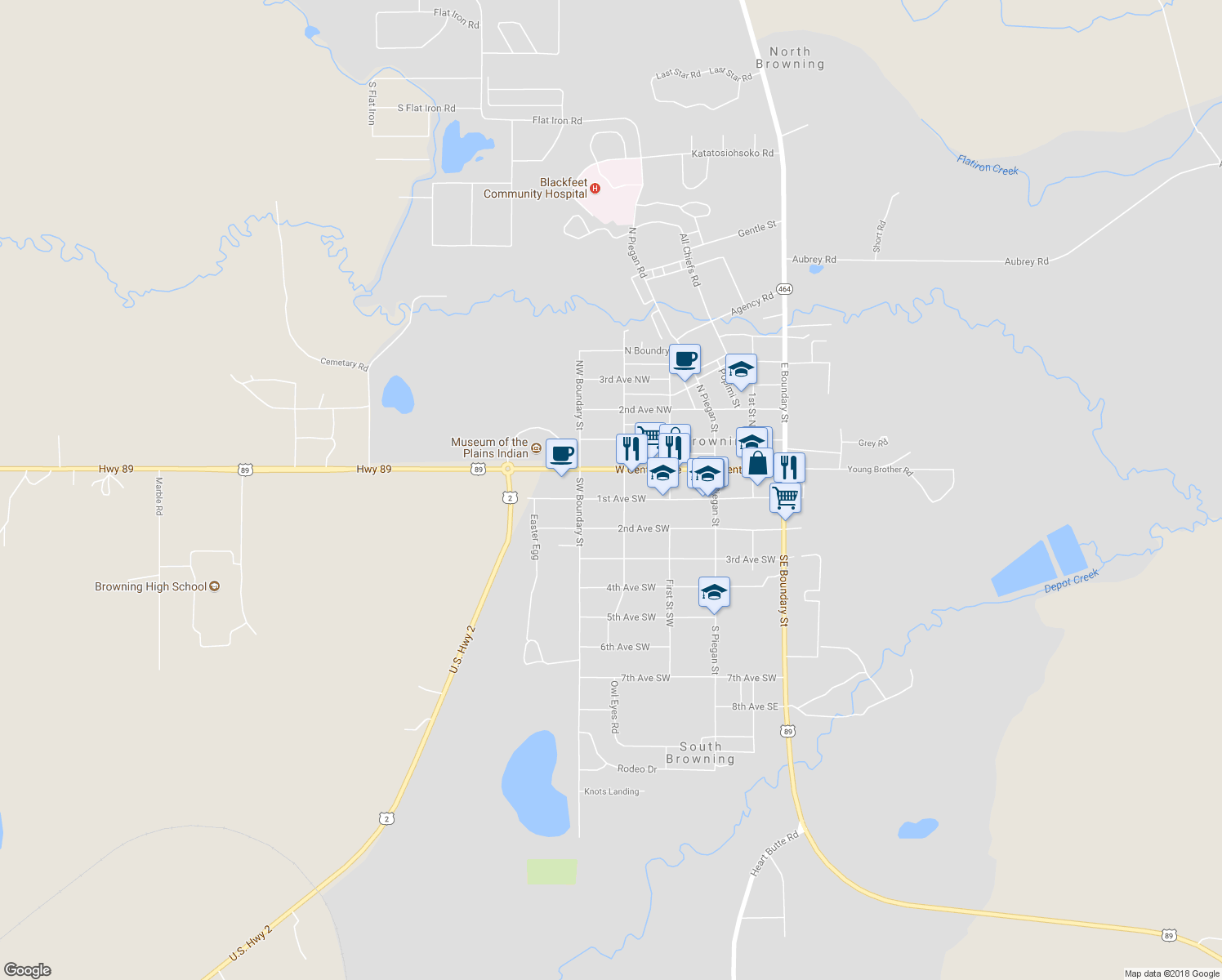 map of restaurants, bars, coffee shops, grocery stores, and more near 309 1st Avenue Southwest in Cut Bank
