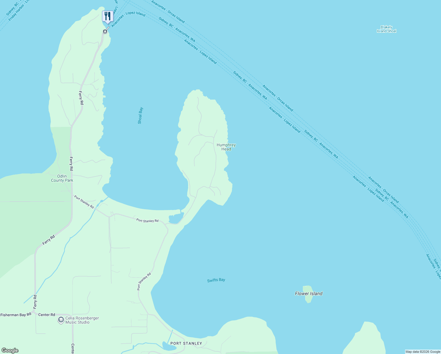 map of restaurants, bars, coffee shops, grocery stores, and more near 542 Shoreland Dr in Lopez Island