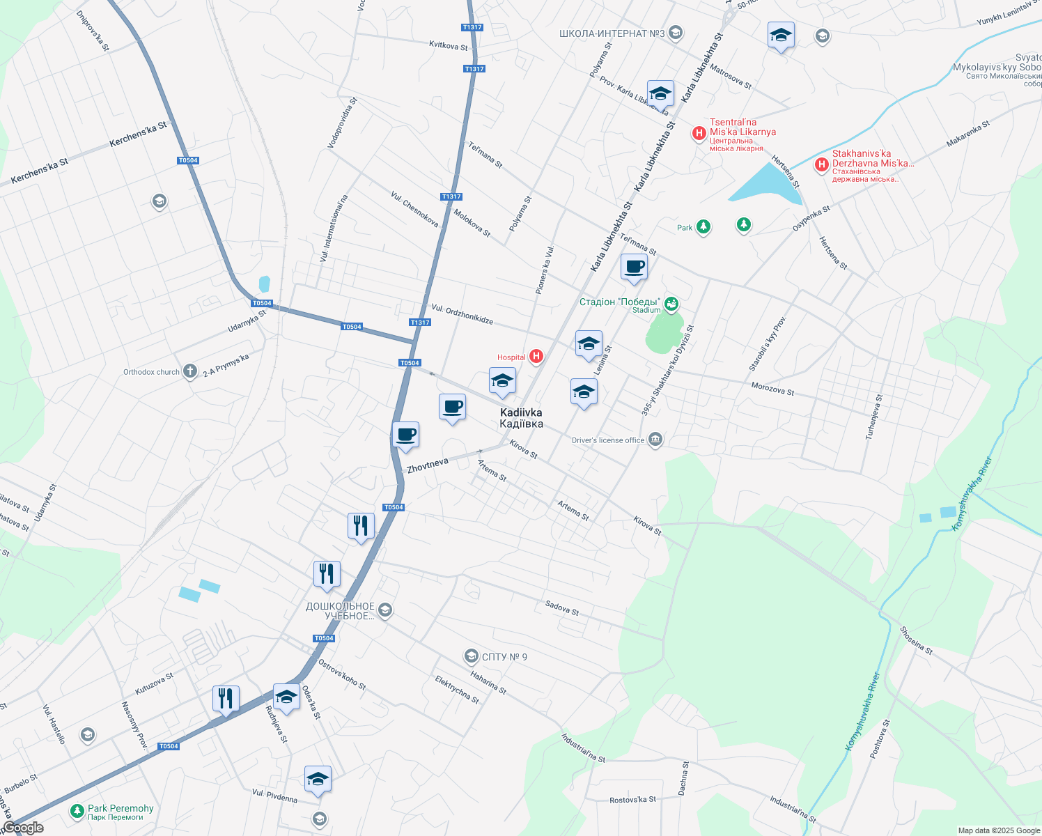 map of restaurants, bars, coffee shops, grocery stores, and more near in Kadiivka