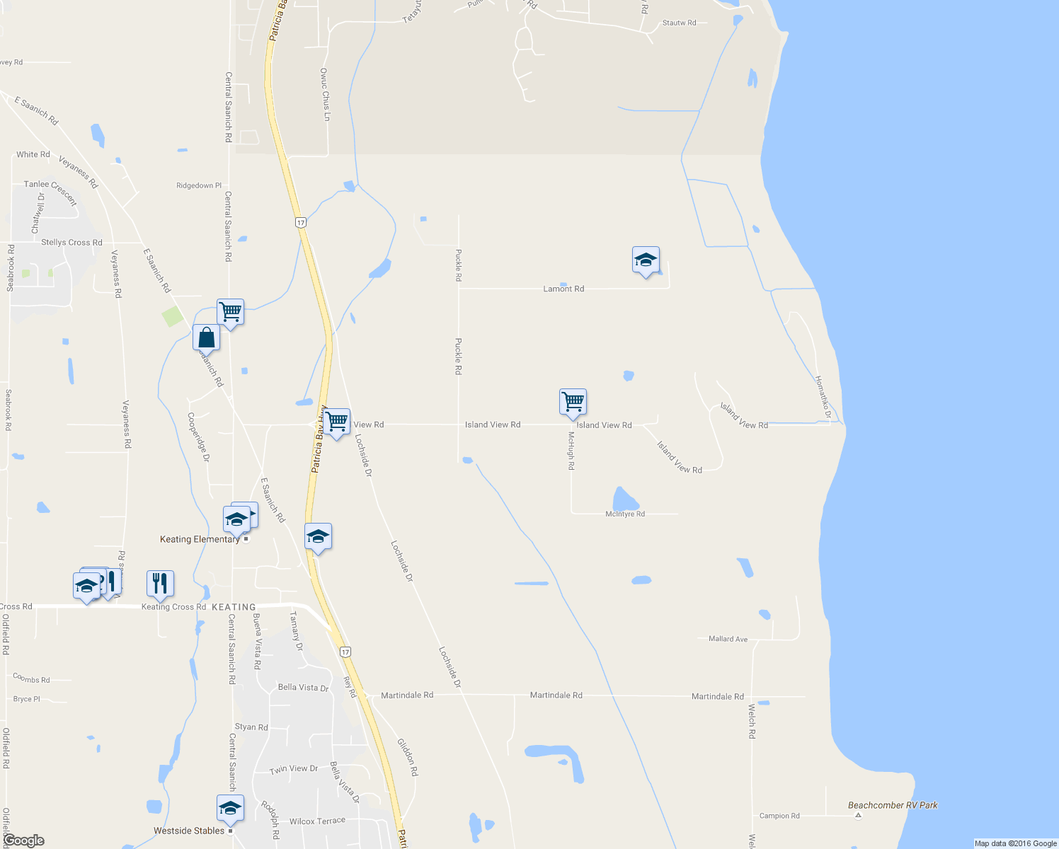 map of restaurants, bars, coffee shops, grocery stores, and more near 2758 Island View Road in Saanichton