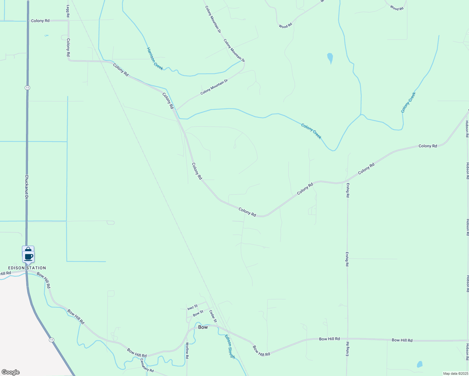 map of restaurants, bars, coffee shops, grocery stores, and more near 16323 Colony Road in Bow