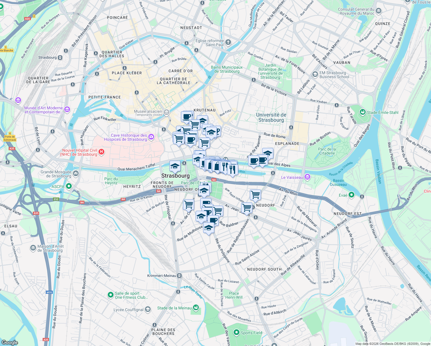 map of restaurants, bars, coffee shops, grocery stores, and more near 3 Place Dauphine in Strasbourg